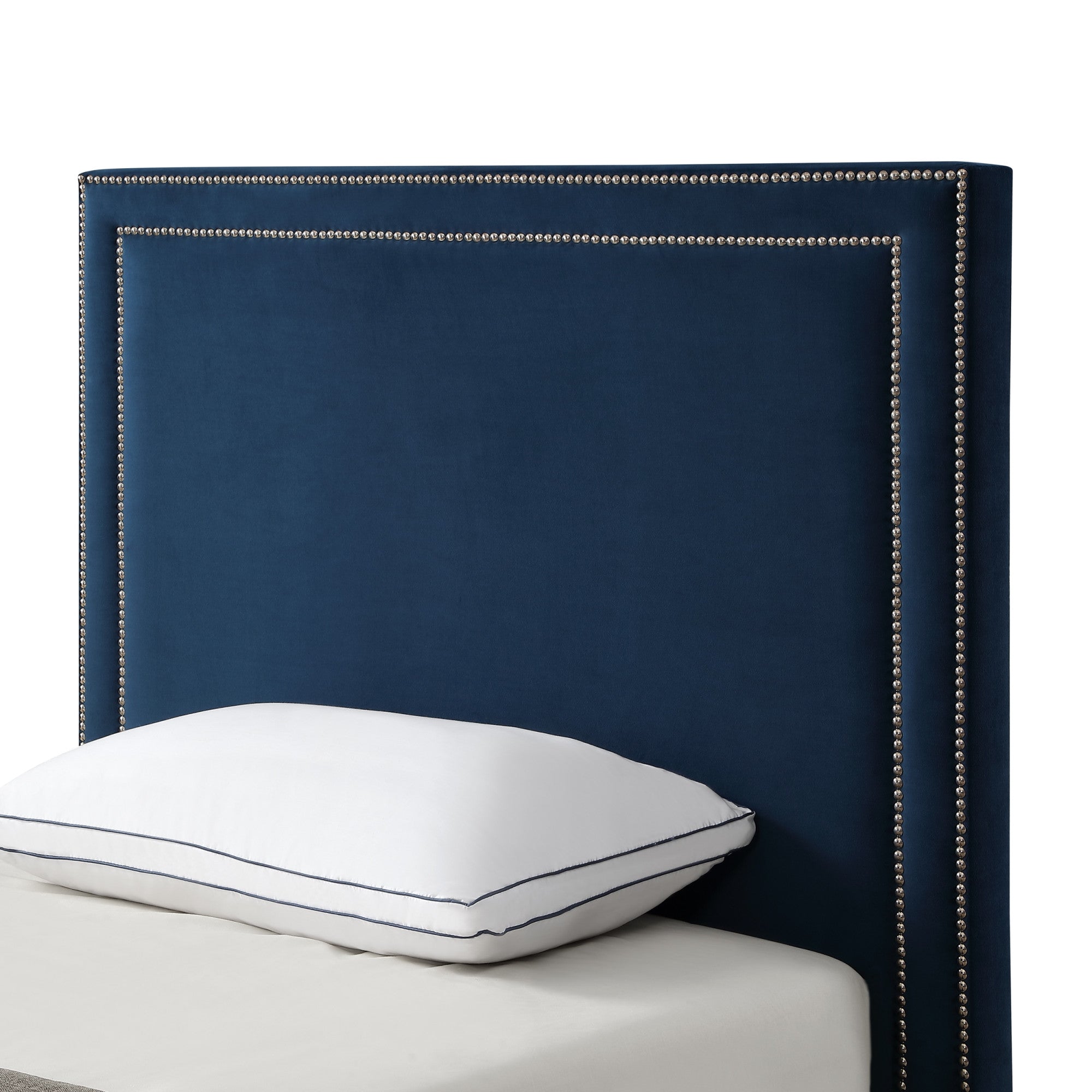 Navy Blue Solid Wood Twin Upholstered Velvet Bed with Nailhead Trim-5