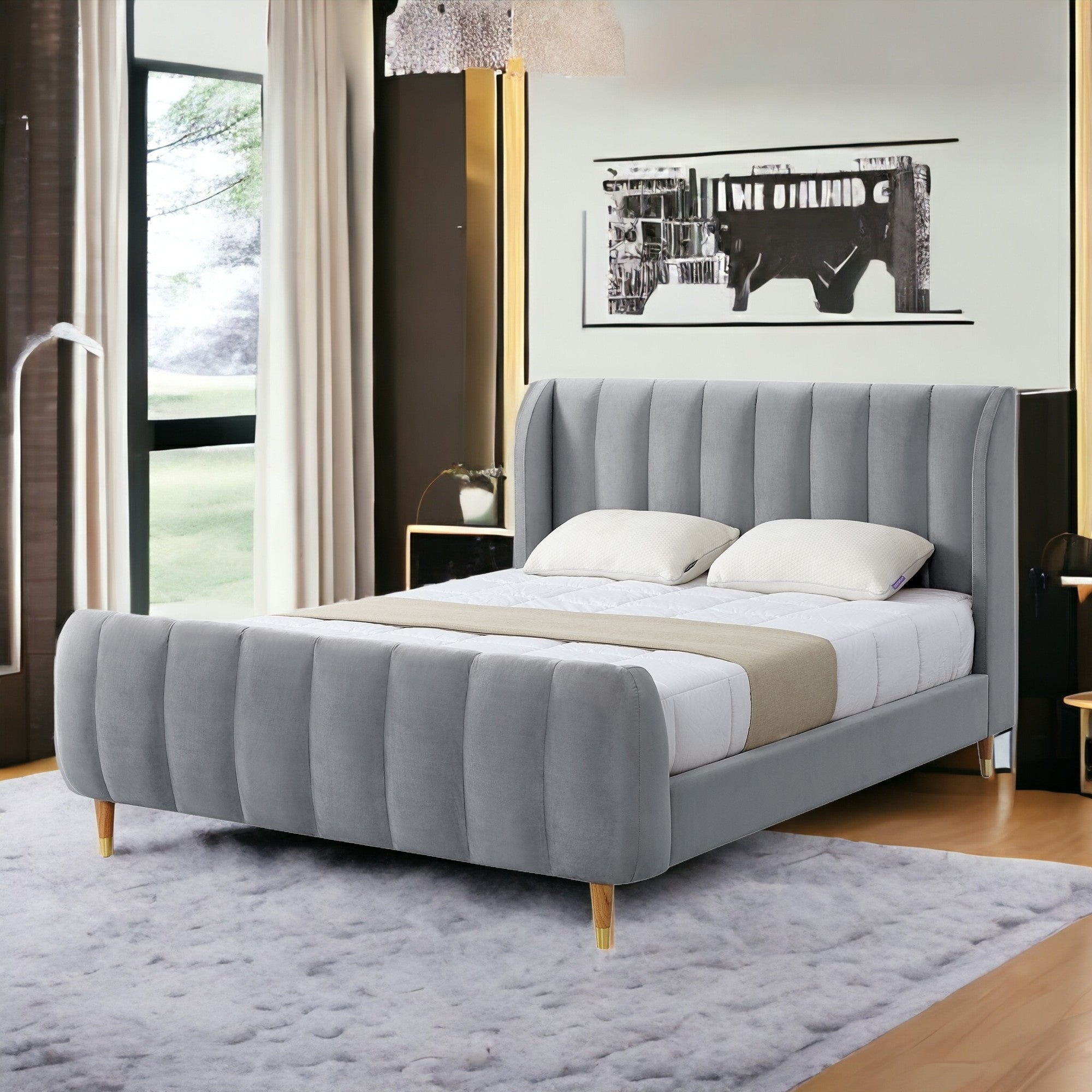 Gray Solid Wood Queen Tufted Upholstered Velvet Bed Frame-1