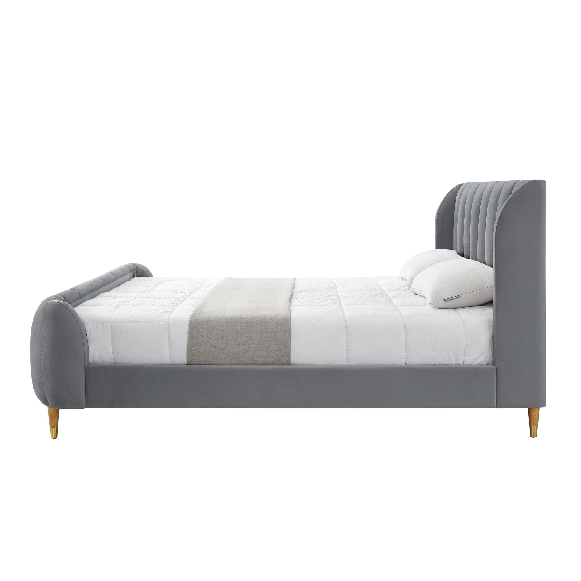 Gray Solid Wood Queen Tufted Upholstered Velvet Bed Frame-2