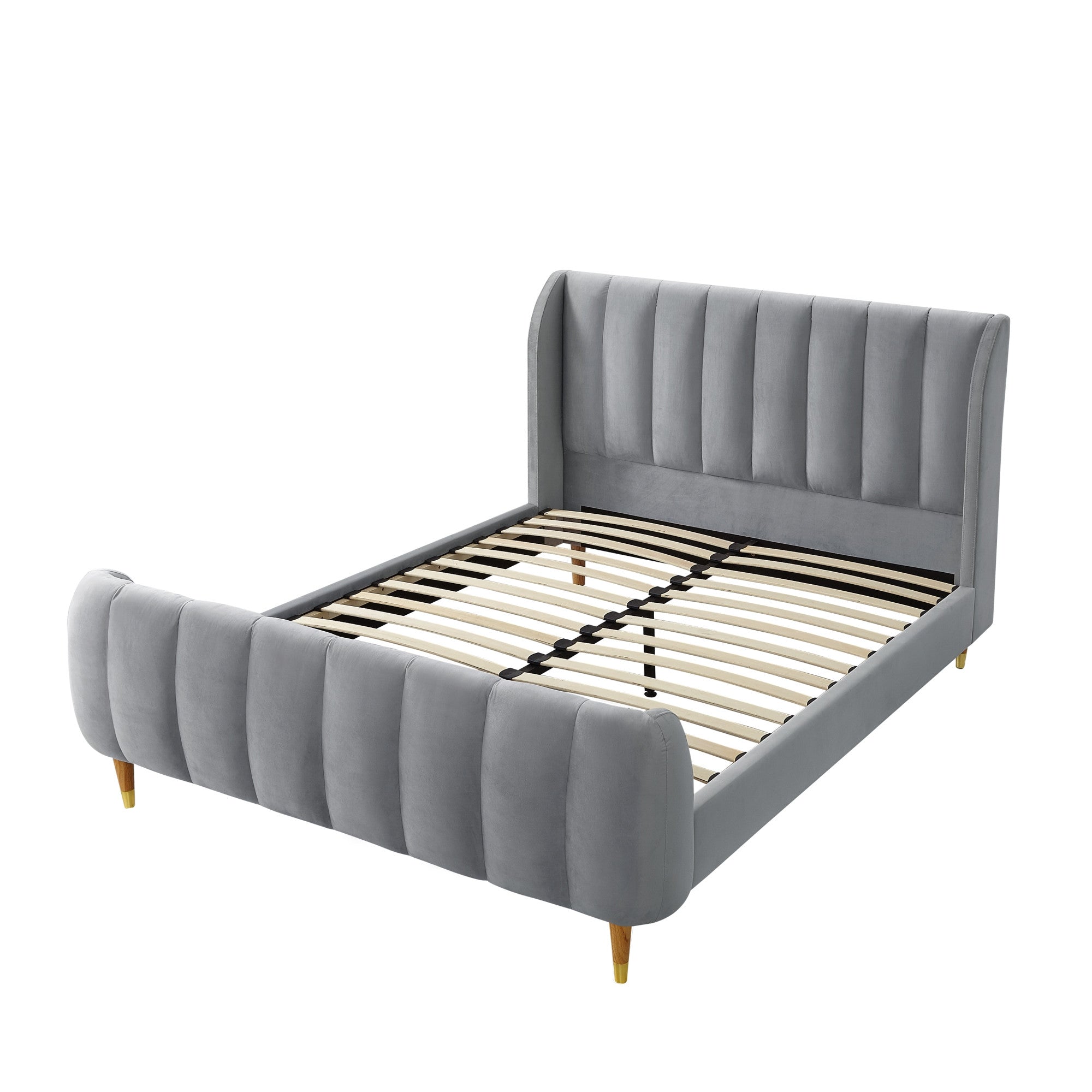 Gray Solid Wood Queen Tufted Upholstered Velvet Bed Frame-4