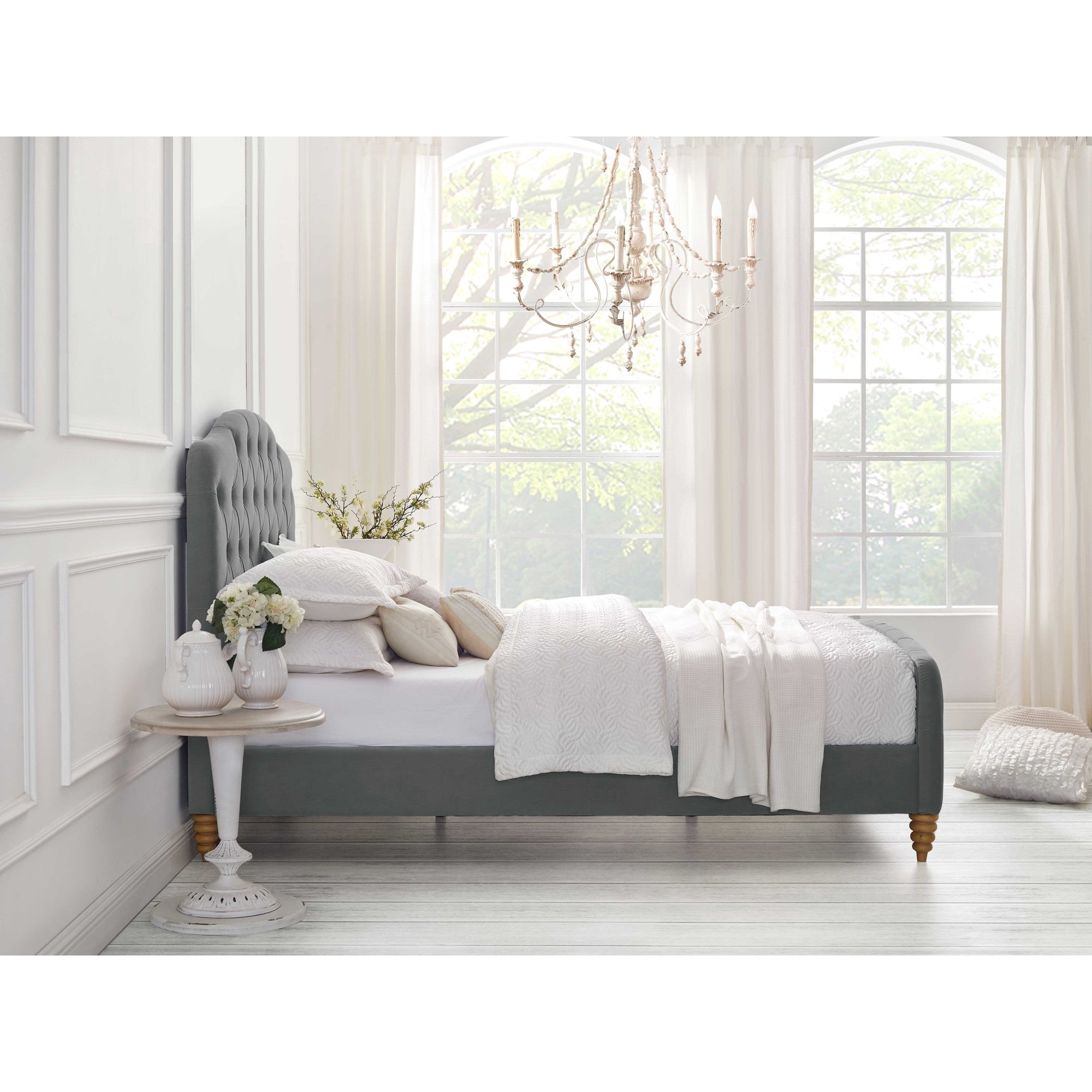 Gray Solid Wood Twin Tufted Upholstered Velvet Bed-7