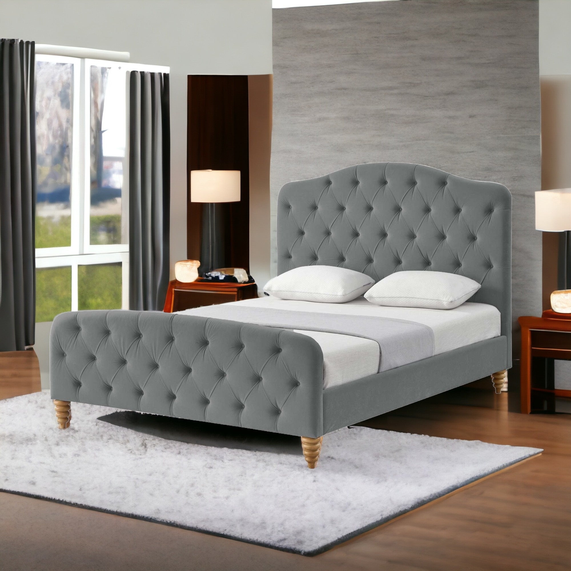 Gray Solid Wood Twin Tufted Upholstered Velvet Bed-1