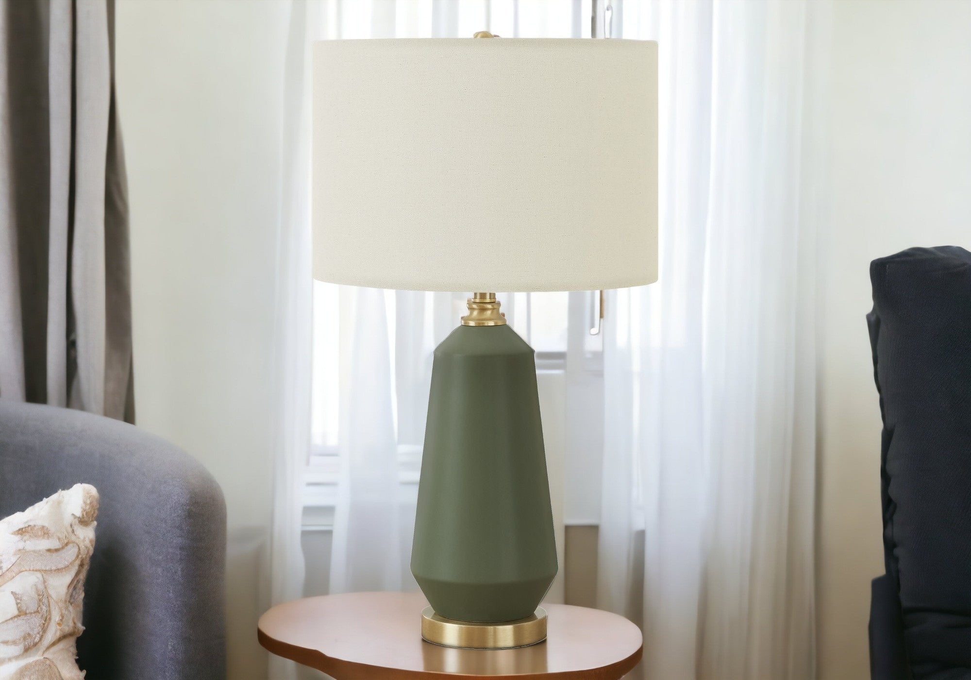 26" Green Ceramic Geometric Table Lamp With Ivory Drum Shade-1