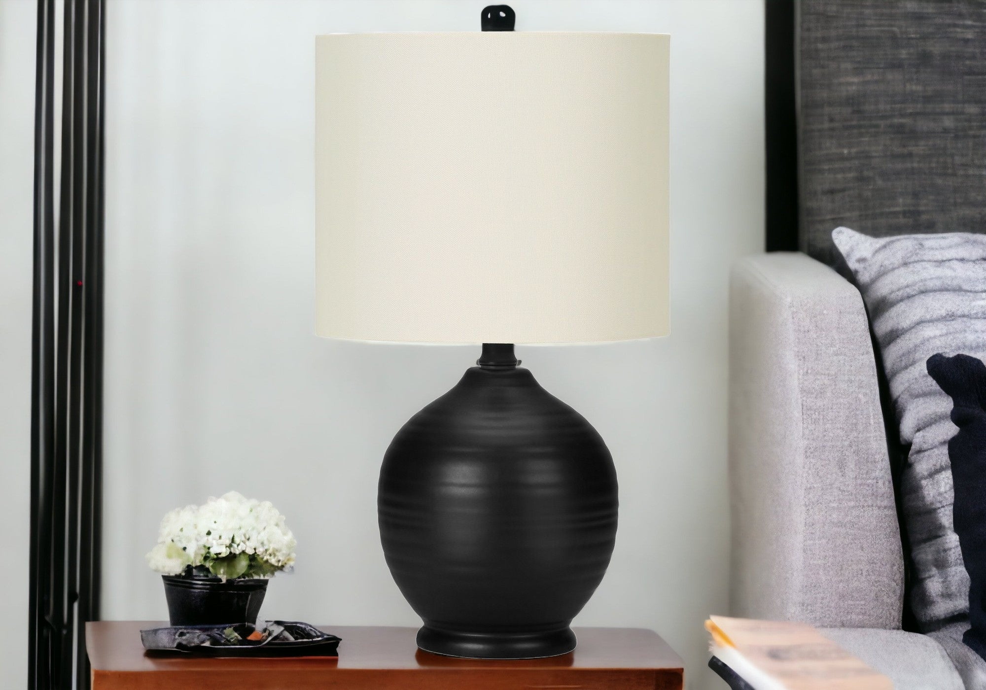 17" Black Ceramic Round Table Lamp With Ivory Drum Shade-1