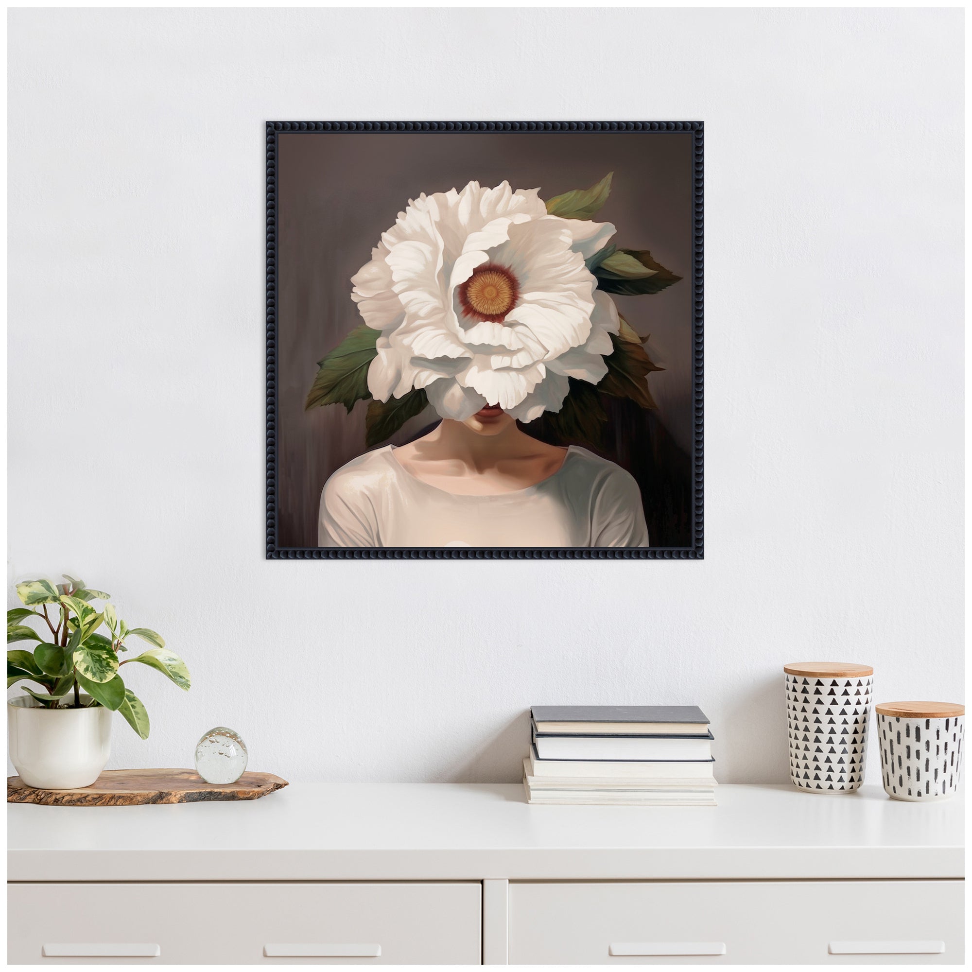 Sylvie White Flower Woman Portrait Framed Canvas by The Creative Bunch Studio