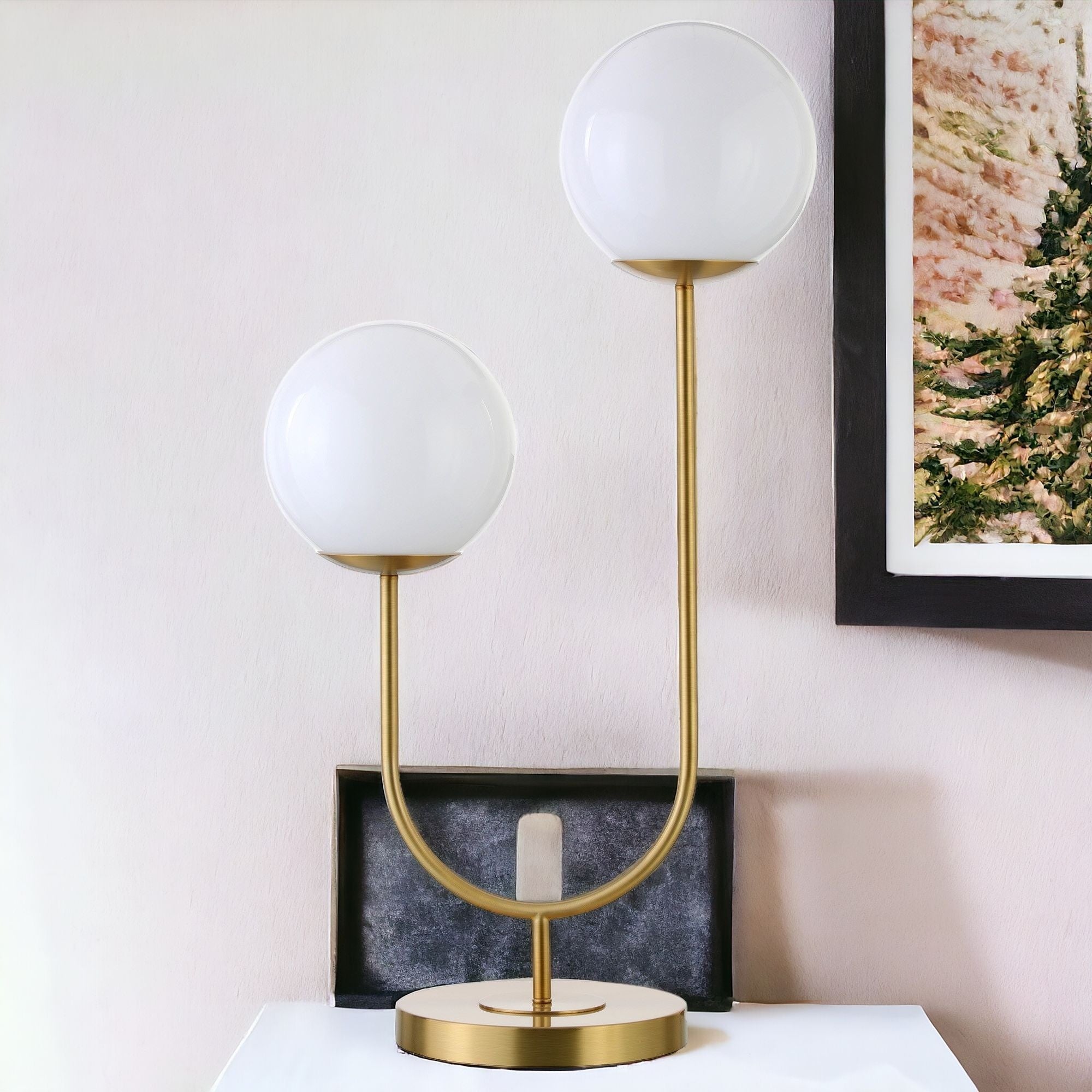 28" Gold Metal Two Light Novelty Globe Table Lamp With White Globe Shade-1