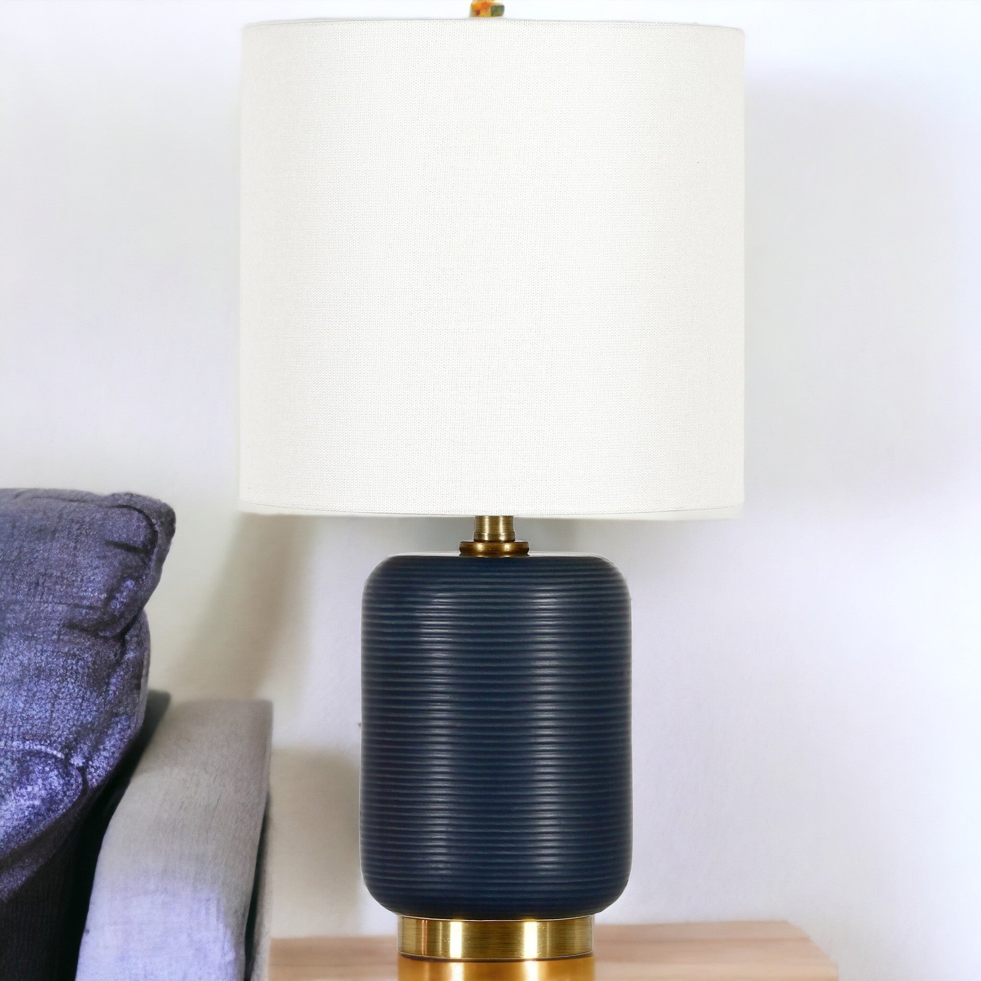 15" Blue and Gold Ceramic Cylinder Table Lamp With White Drum Shade-1