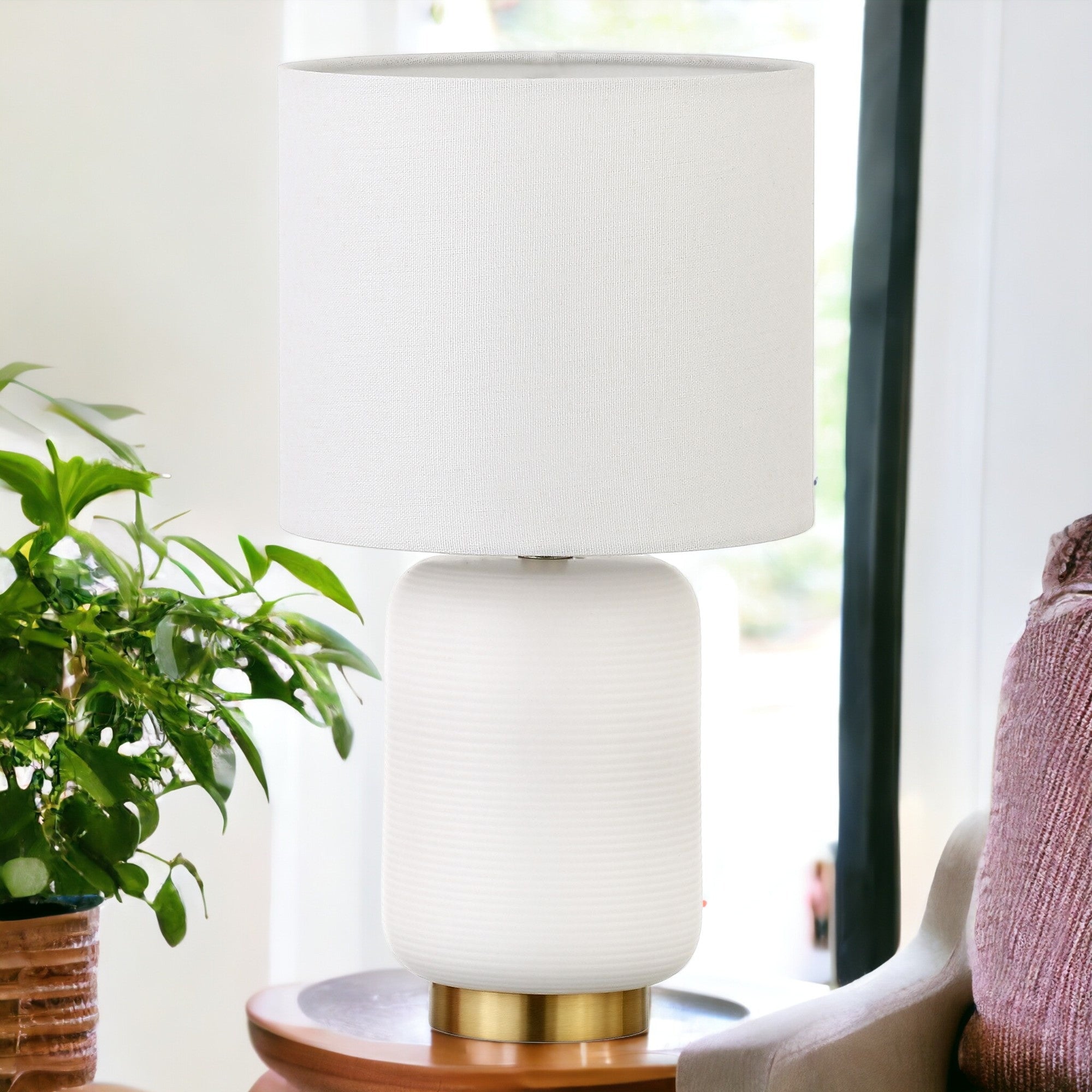 15" Gold and White Ceramic Cylinder Table Lamp With White Drum Shade-1