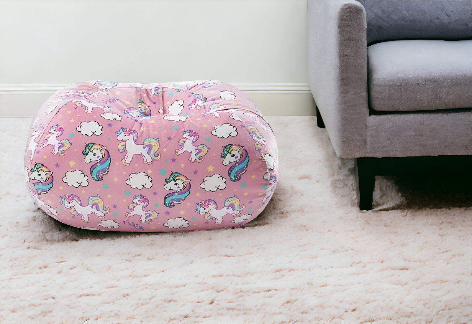 32" Pink and White Microfiber Round Unicorn Pouf Cover-0