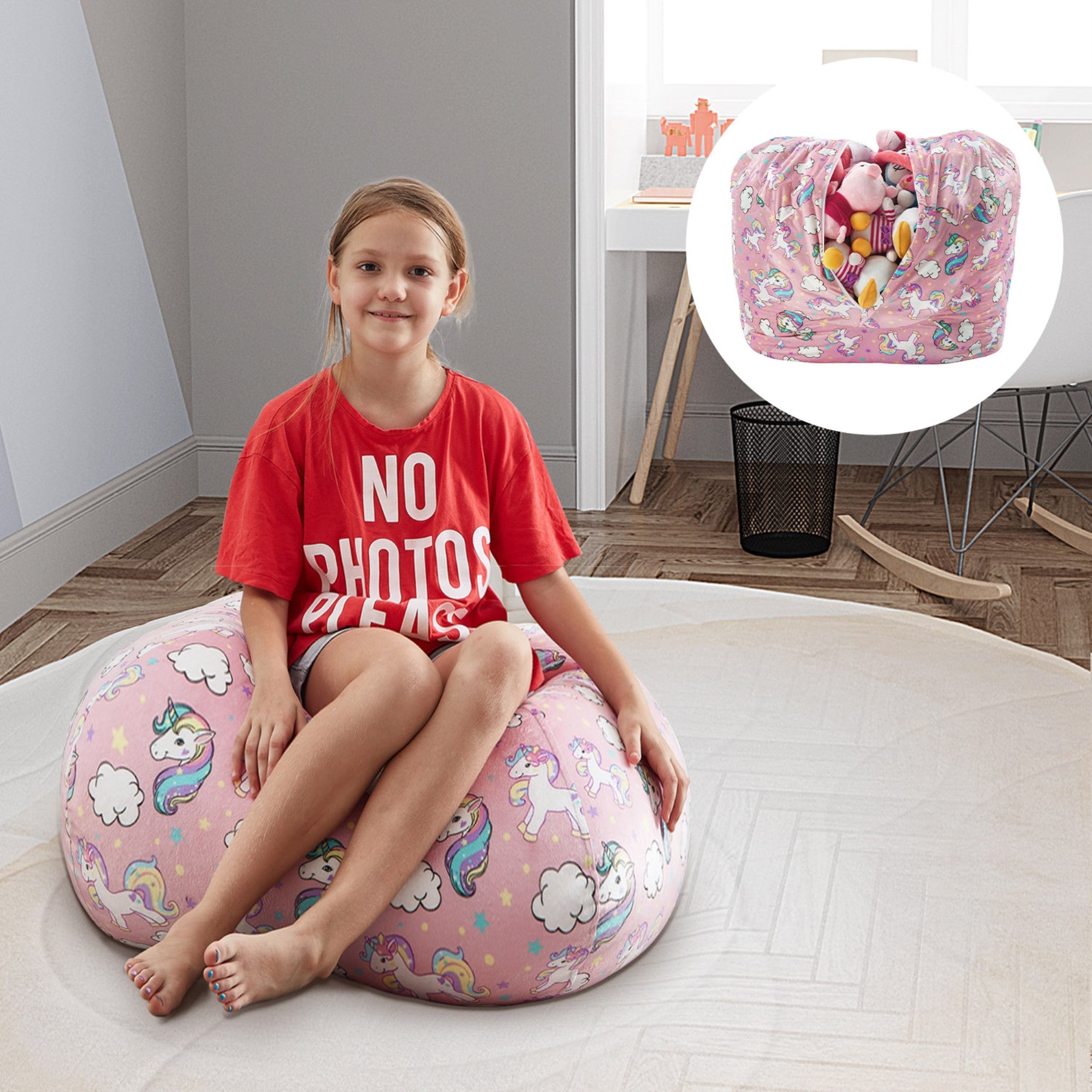 32" Pink and White Microfiber Round Unicorn Pouf Cover-4