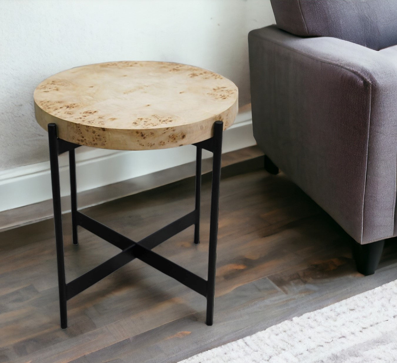 22" Black And Brown Burl Wood And Metal Round End Table-1