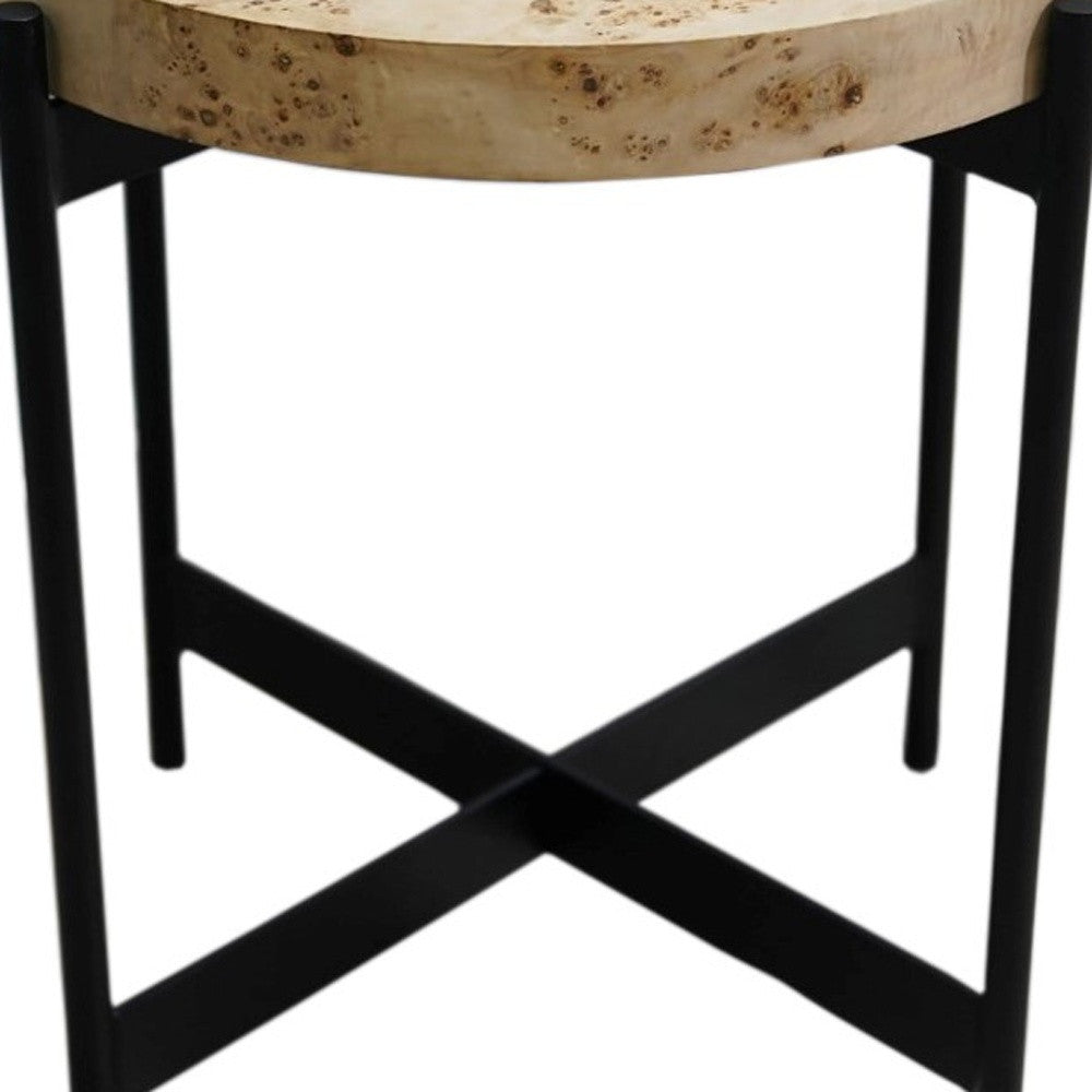 22" Black And Brown Burl Wood And Metal Round End Table-7