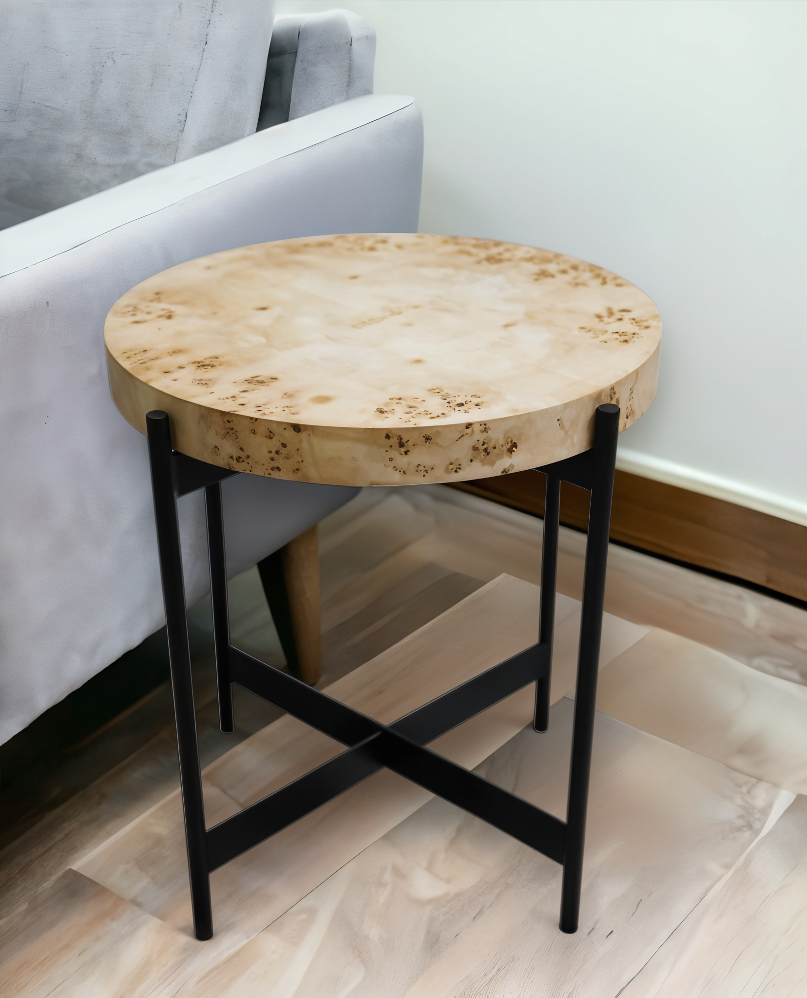 22" Black And Brown Burl Wood And Metal Round End Table-0