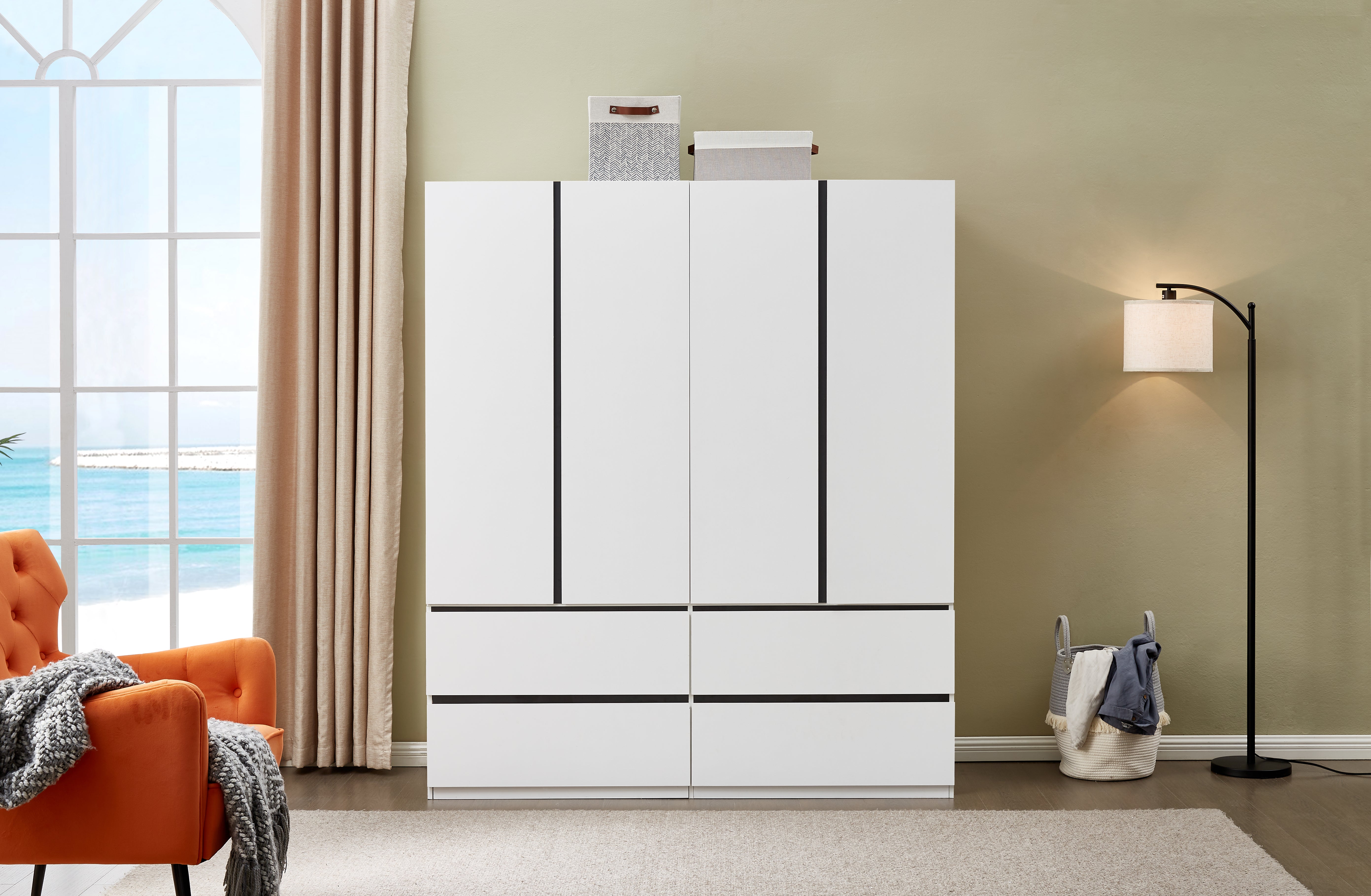 74.2" H White 4-Door Wardrobe Closet – Modern Wood Armoire with Black Accents & Hanging Rod