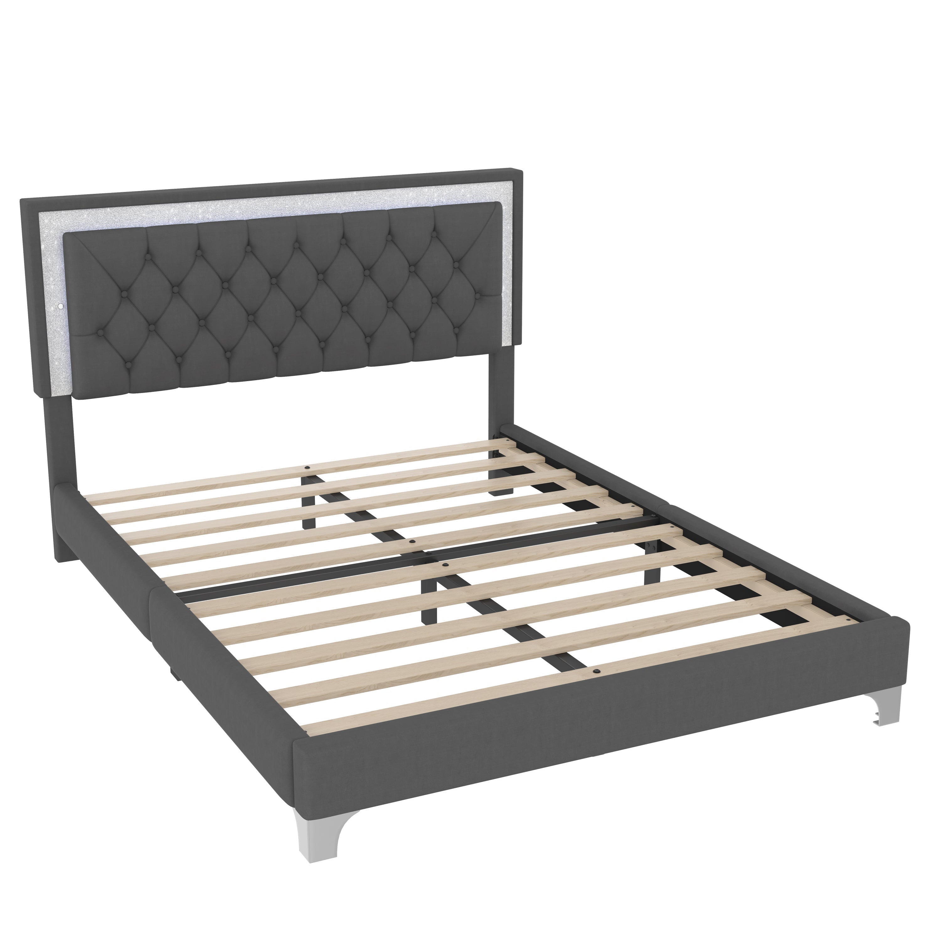 3-Pieces Bedroom Set, Queen Size Upholstered Platform Bed with LED Lights and Two Nightstands - Gray