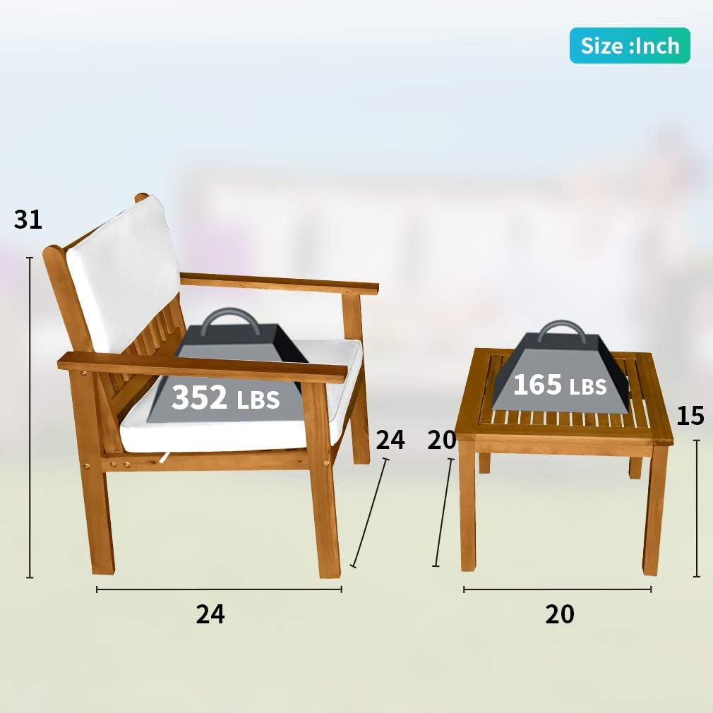 Acacia Wood 3 Piece Patio Bistro Set Cushions Coffee Table