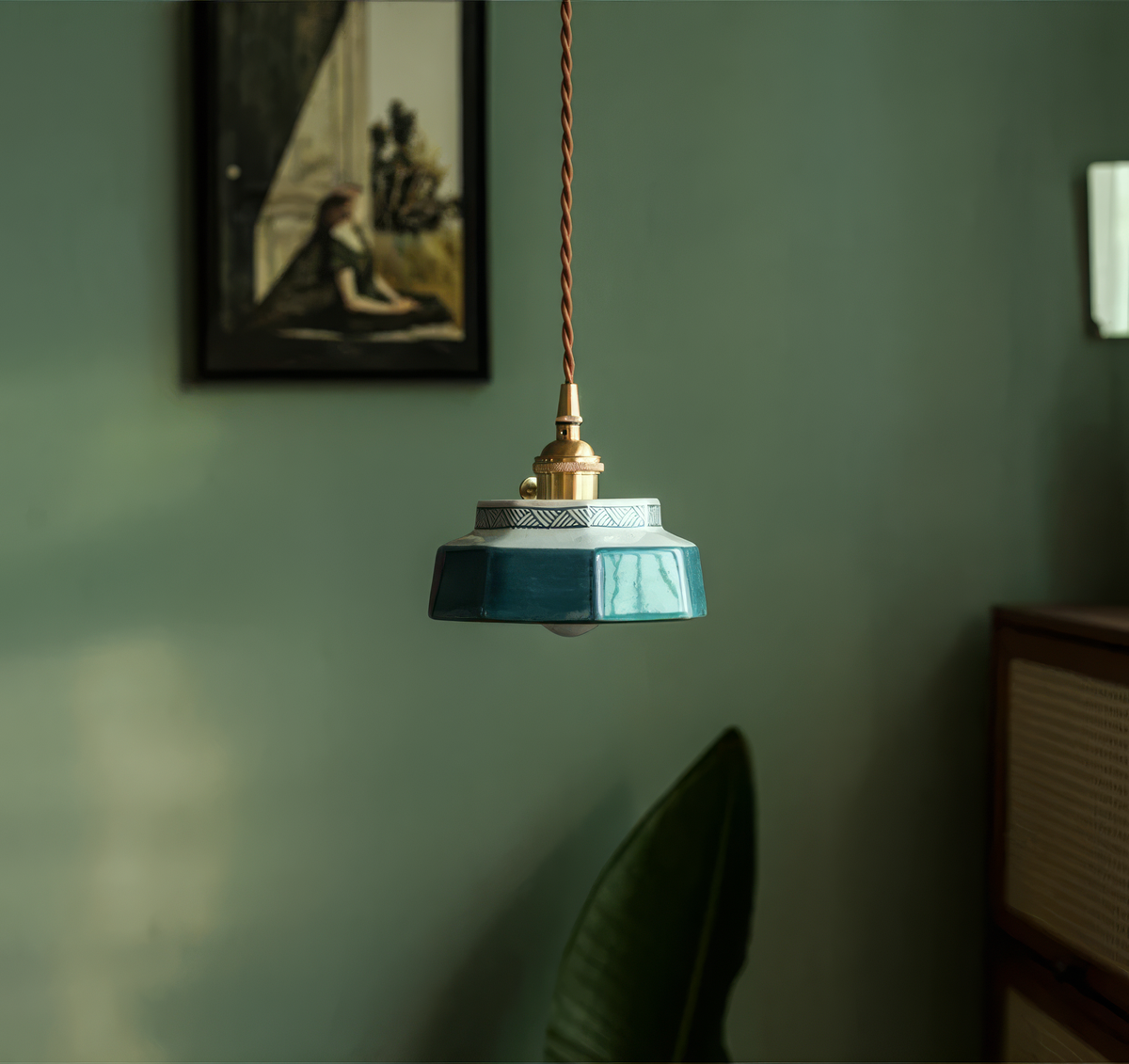 Hand-Painted Ceramic Pendant Light with Copper Socket | Nordic Kitchen Lamp