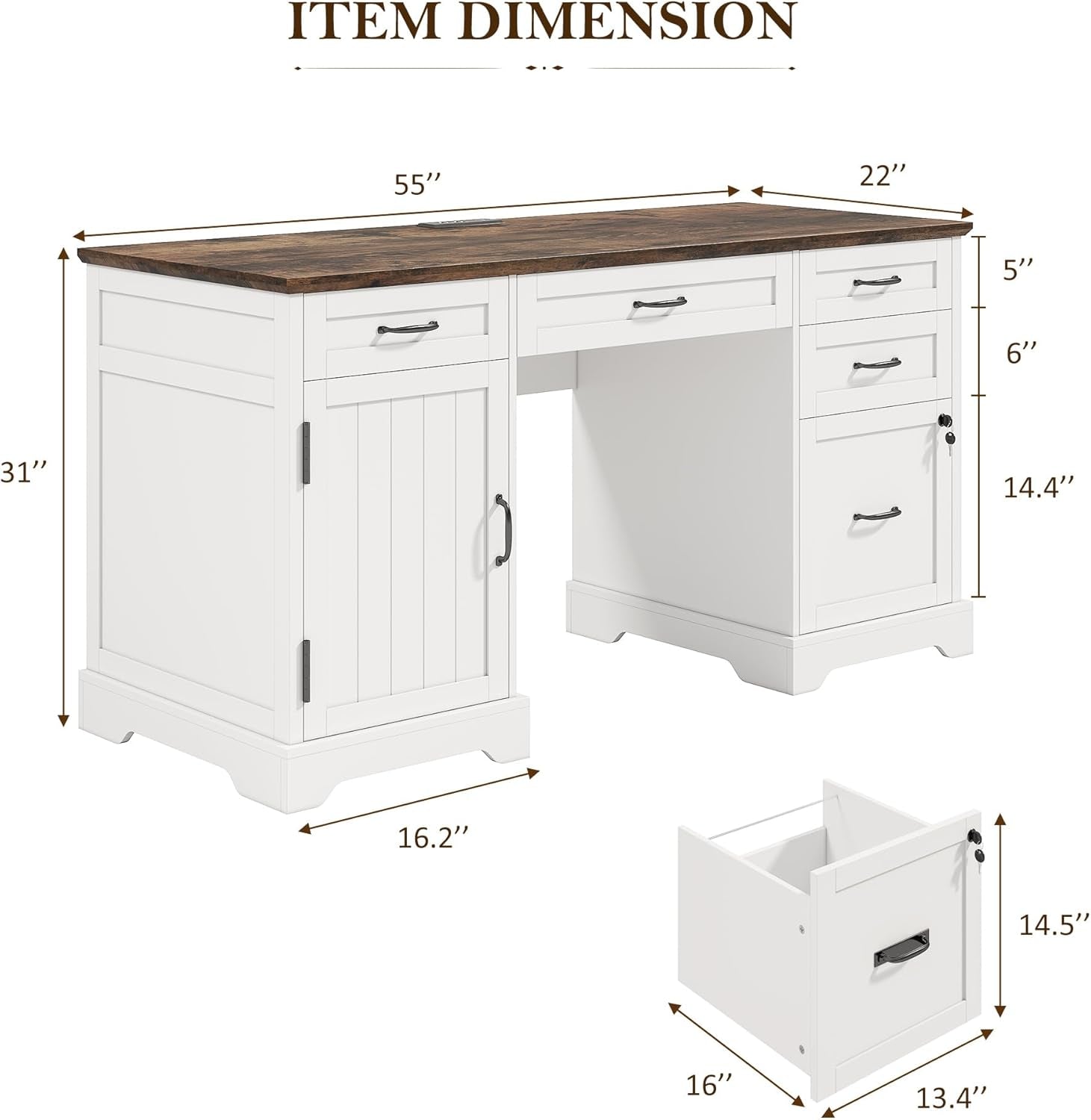 55 Inch Farmhouse Executive Desk With File Cabinet And Power Outlets