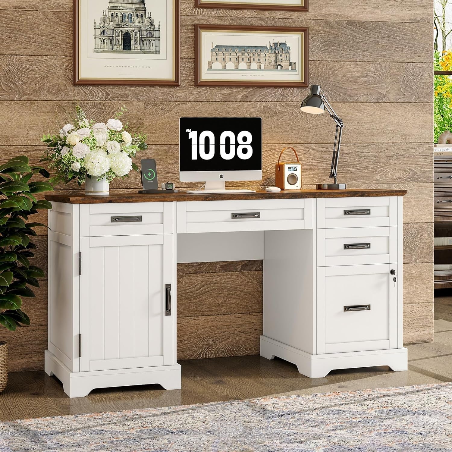 55 Inch Farmhouse Executive Desk With File Cabinet And Power Outlets