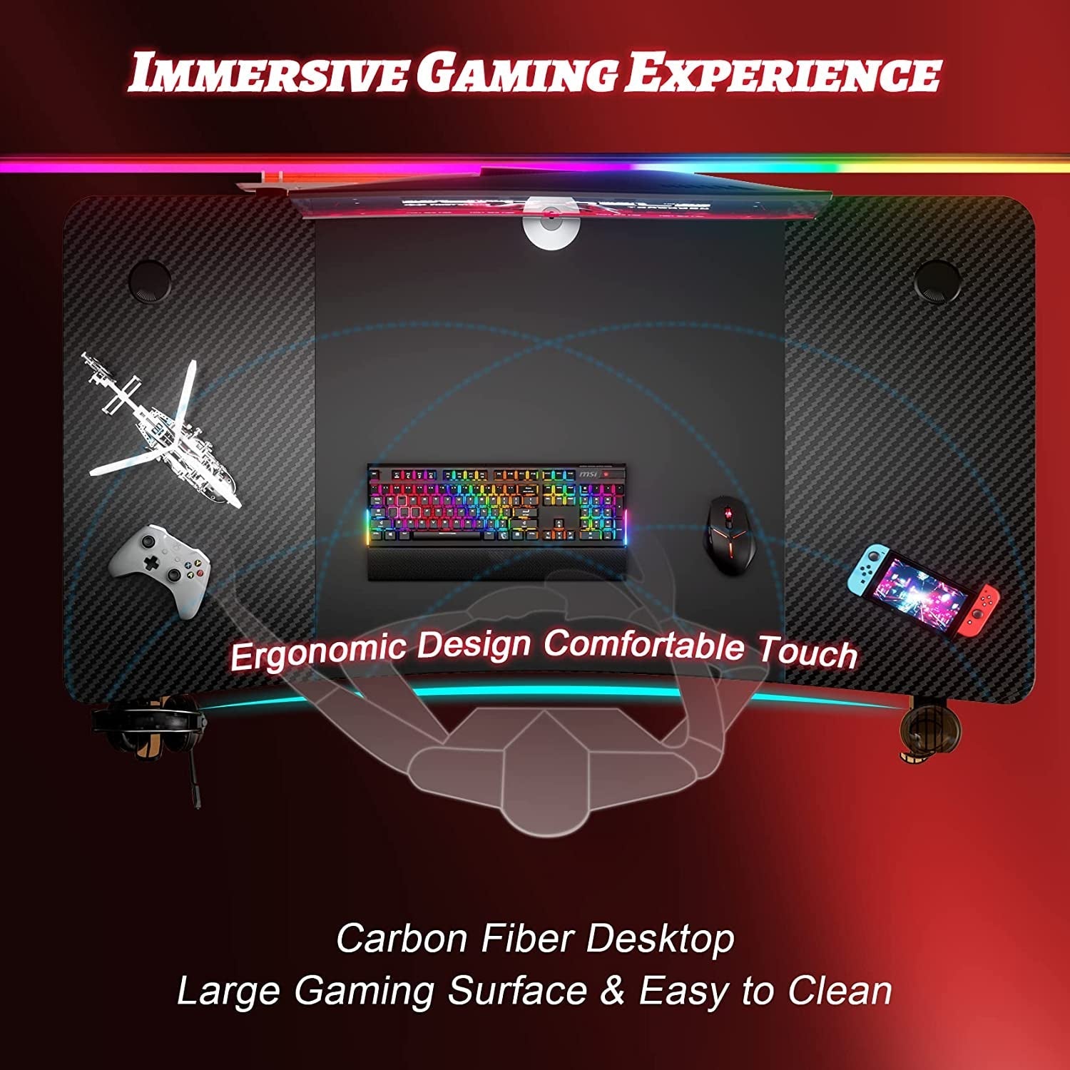 55 Inch Gaming Desk with Carbon Fibre Surface Features