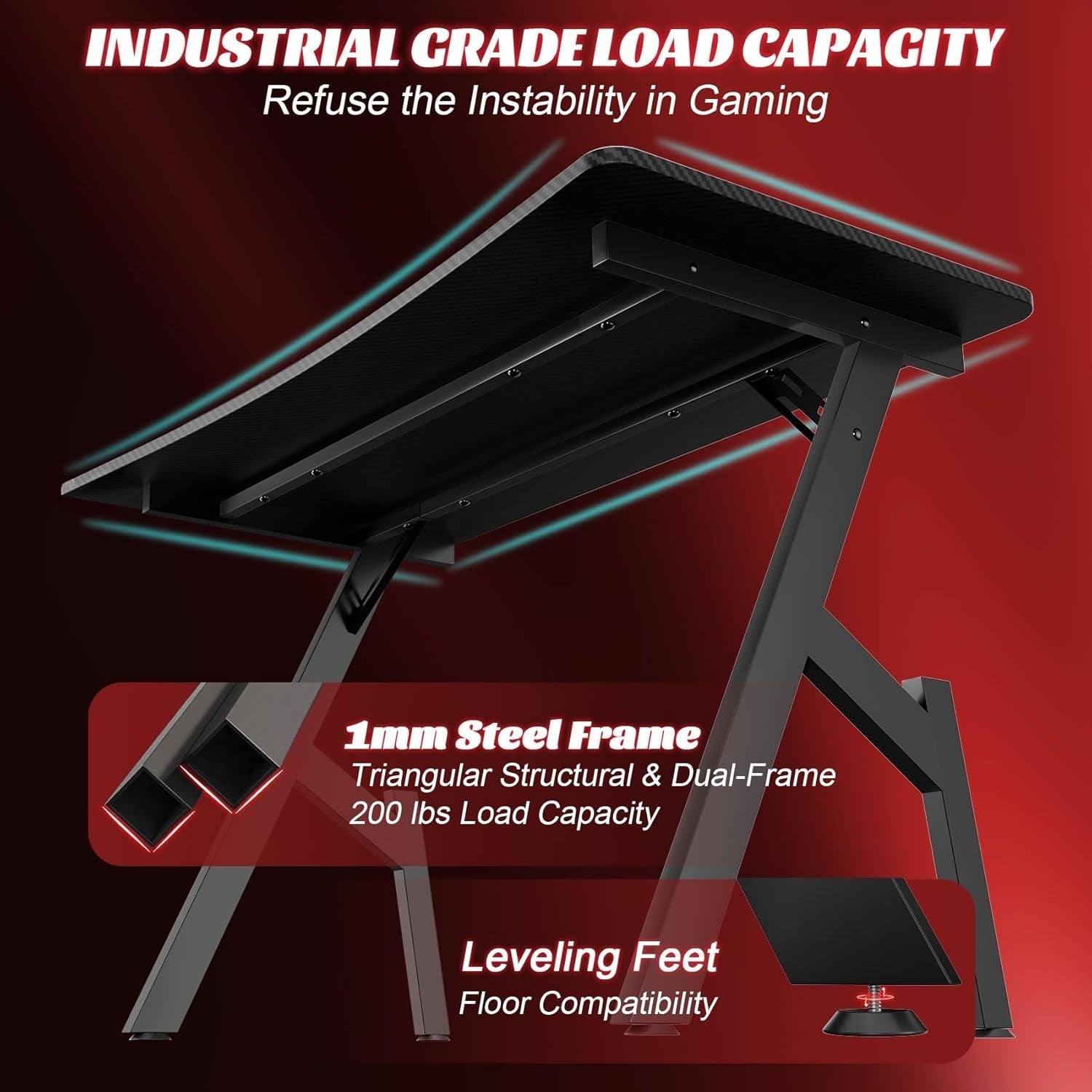 55 Inch Gaming Desk with Carbon Fibre Surface Features