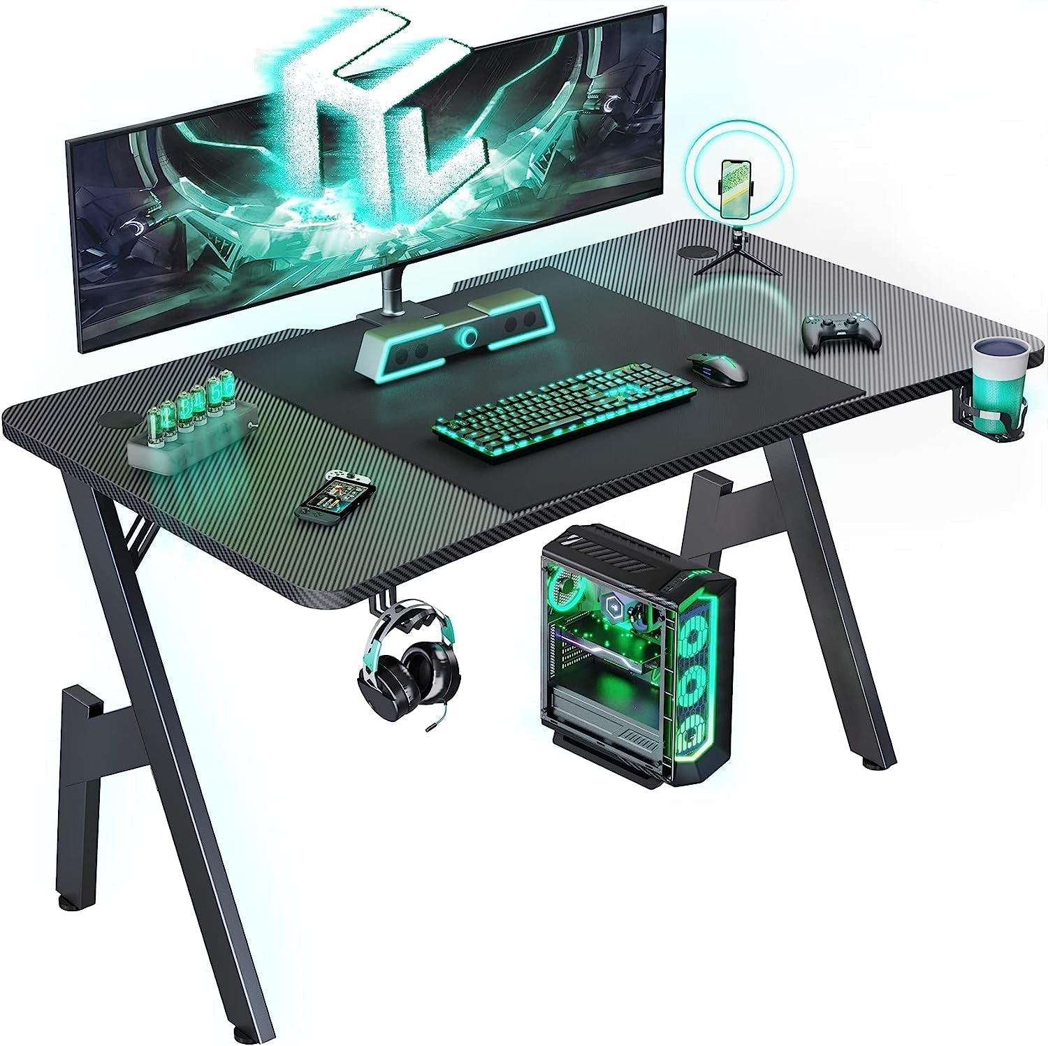 55 Inch Gaming Desk with Carbon Fibre Surface Features
