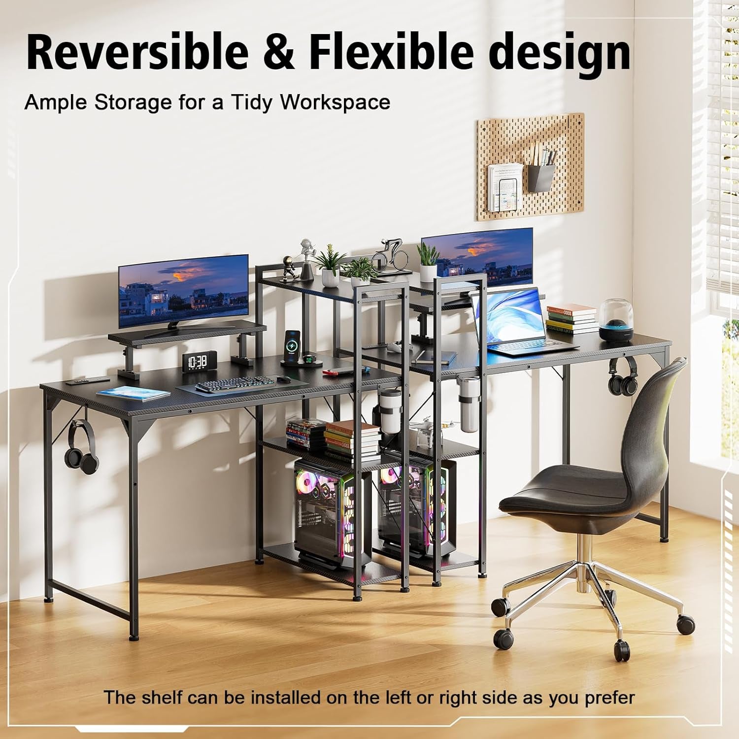 55 Inch Gaming Desk With LED Lights And Shelves