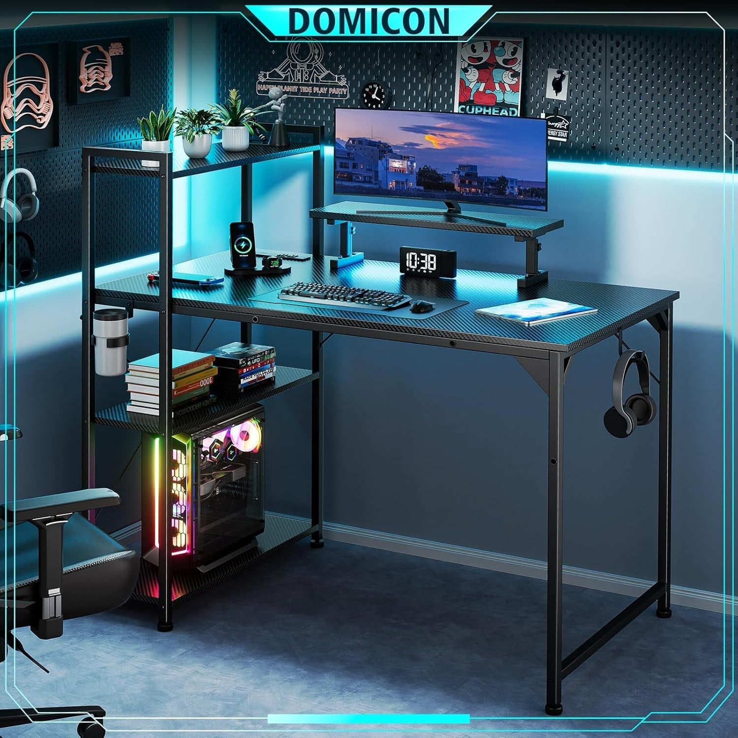 55 Inch Gaming Desk With LED Lights And Shelves