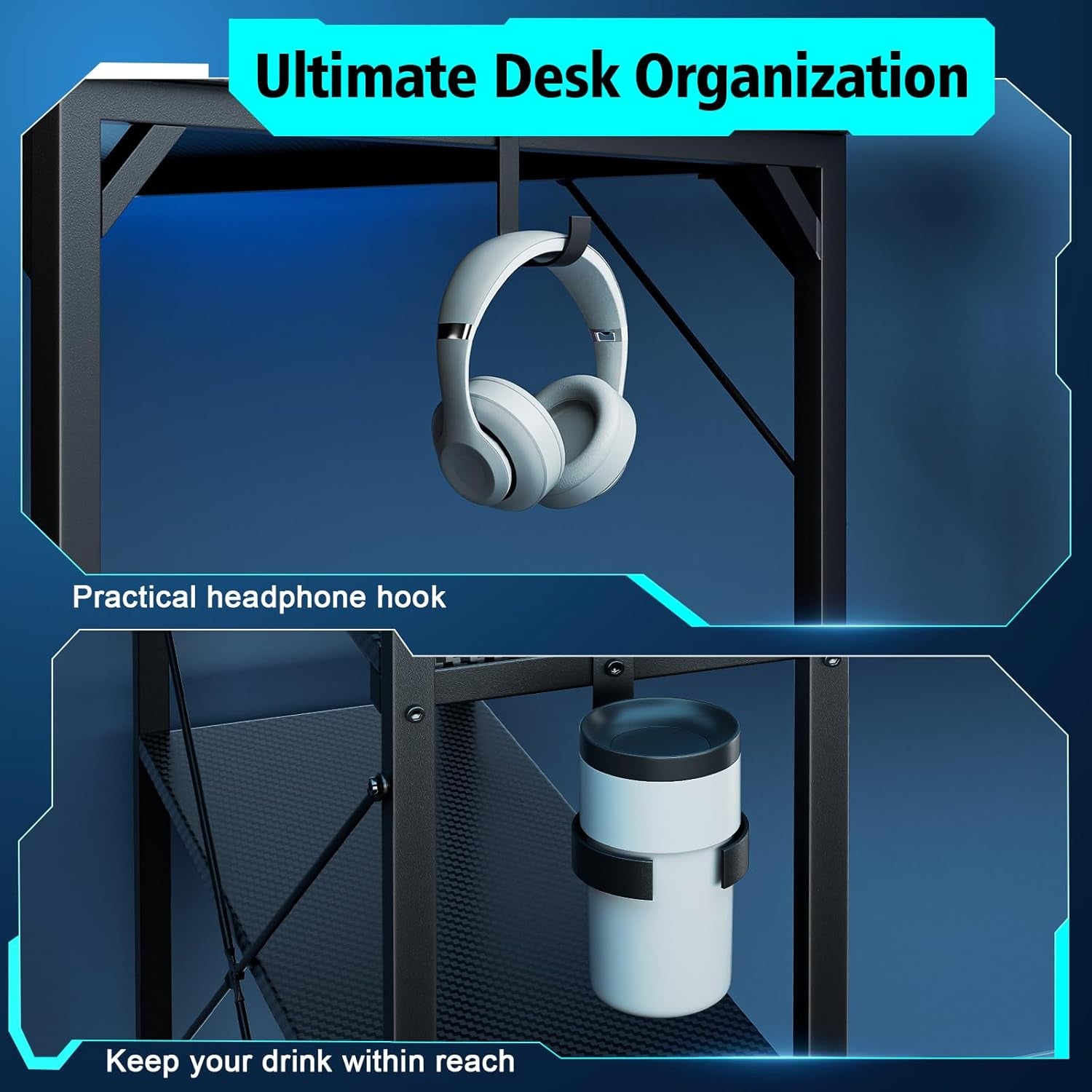 55 Inch Gaming Desk With LED Lights And Shelves