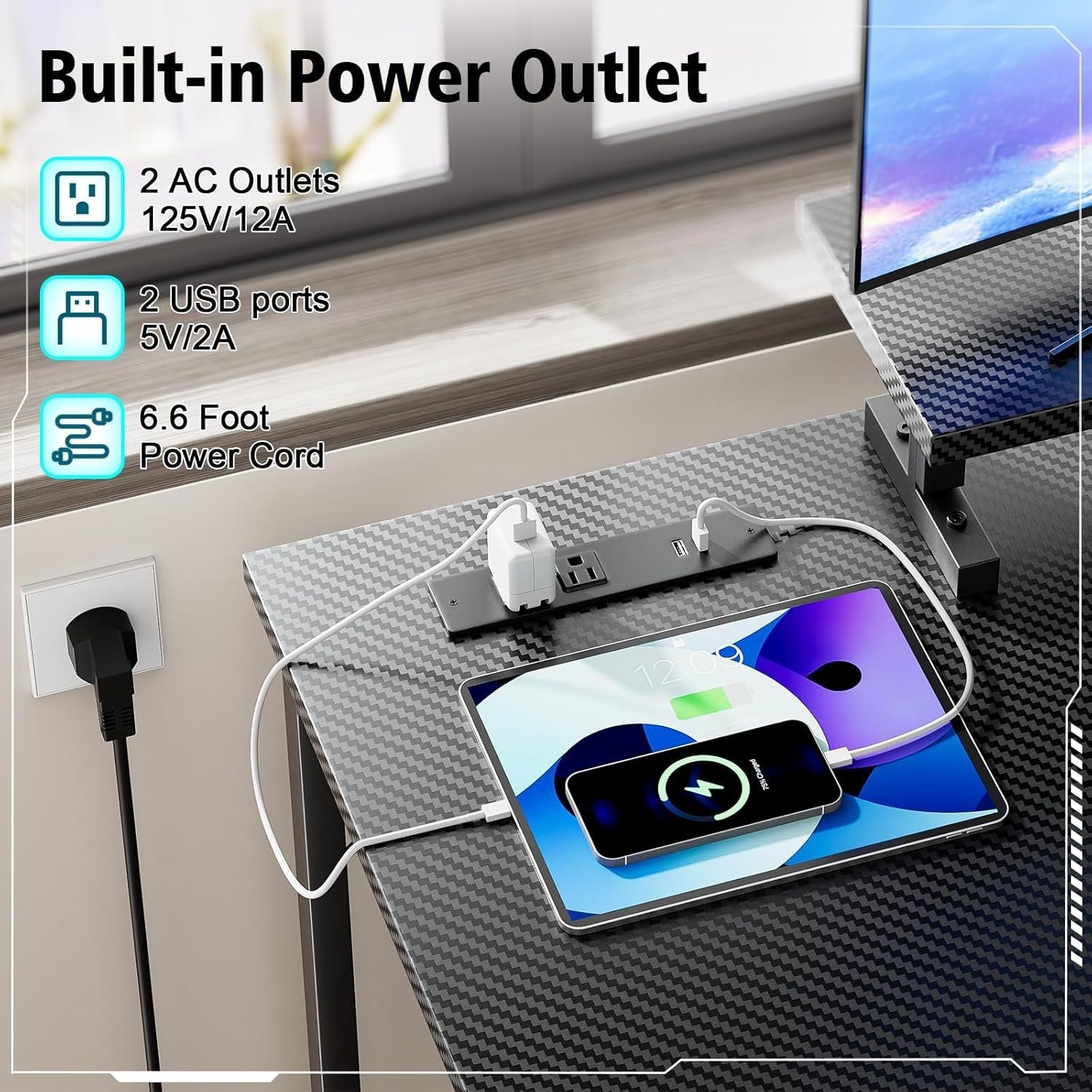 55 Inch Gaming Desk With LED Lights And Shelves