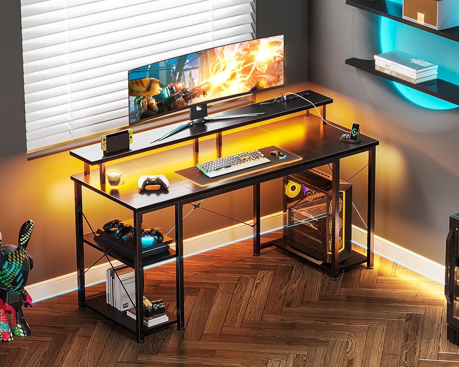 55 Inch Gaming Desk With Power Outlets For Home Office