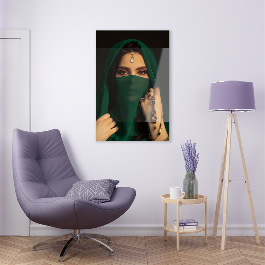 Tempered glass wall art - woman in green scarf-3