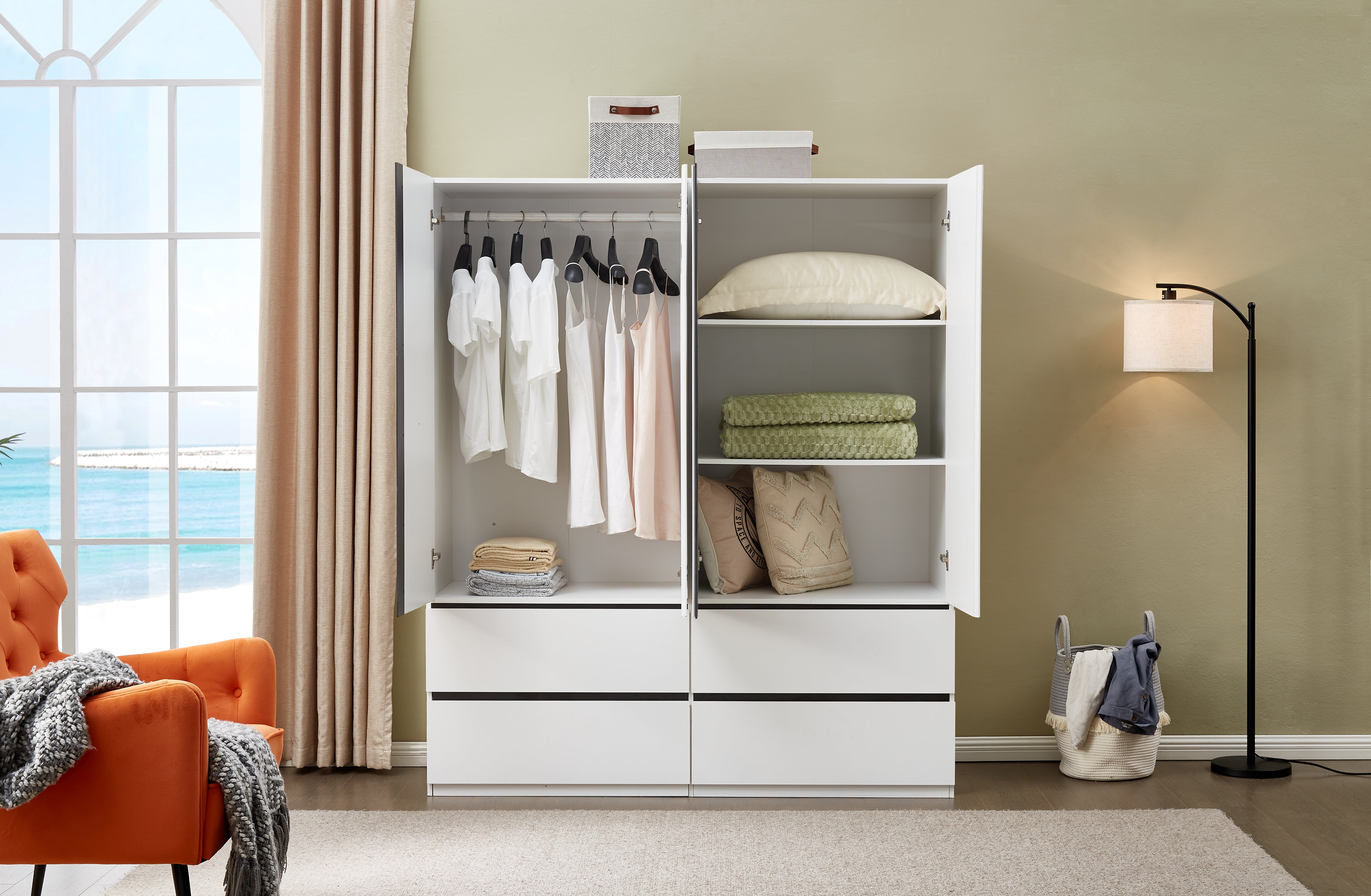 74.2" H White 4-Door Wardrobe Closet – Modern Wood Armoire with Black Accents & Hanging Rod