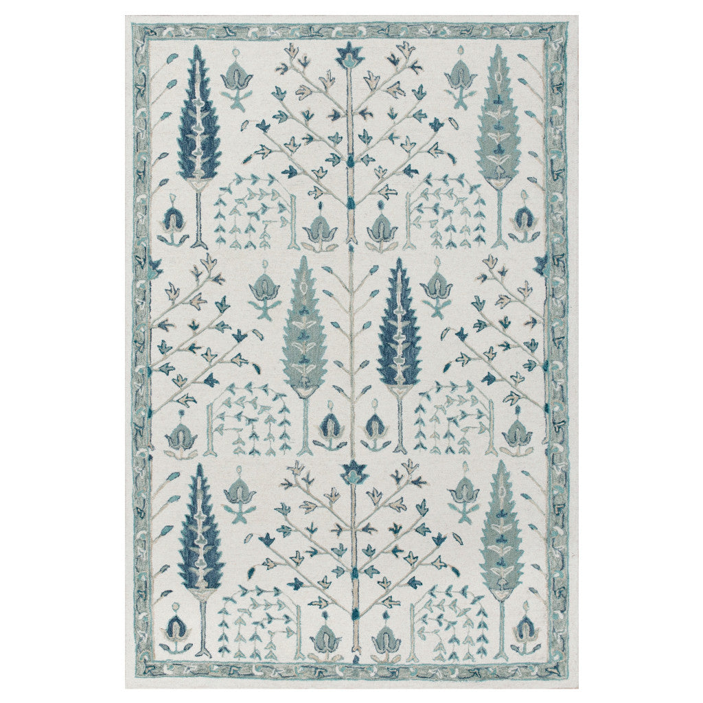 5' X 8' Ivory and Blue Wool Floral Hand Tufted Area Rug-1