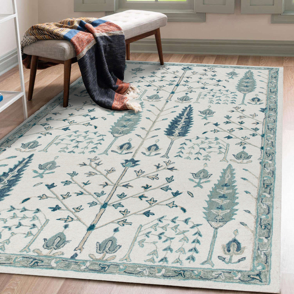 5' X 8' Ivory and Blue Wool Floral Hand Tufted Area Rug-6