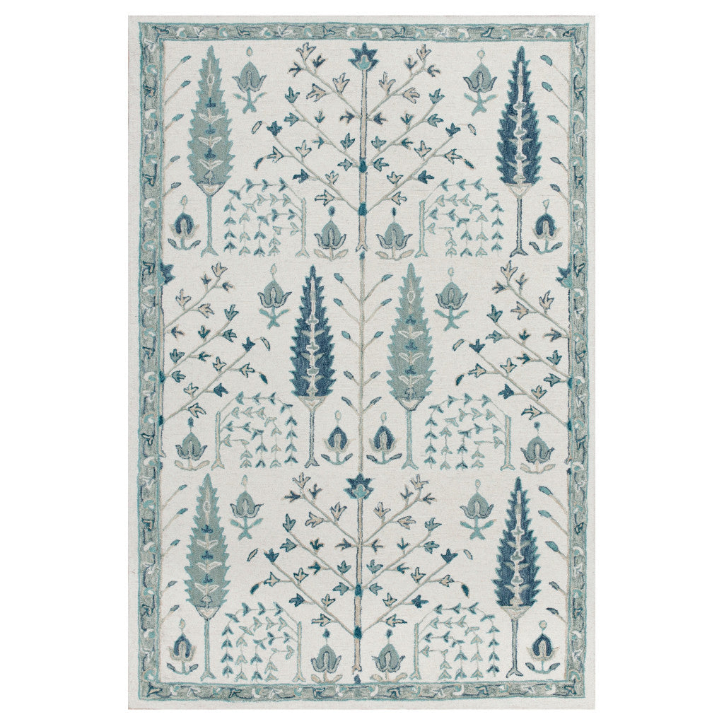 5' X 8' Ivory and Blue Wool Floral Hand Tufted Area Rug-5