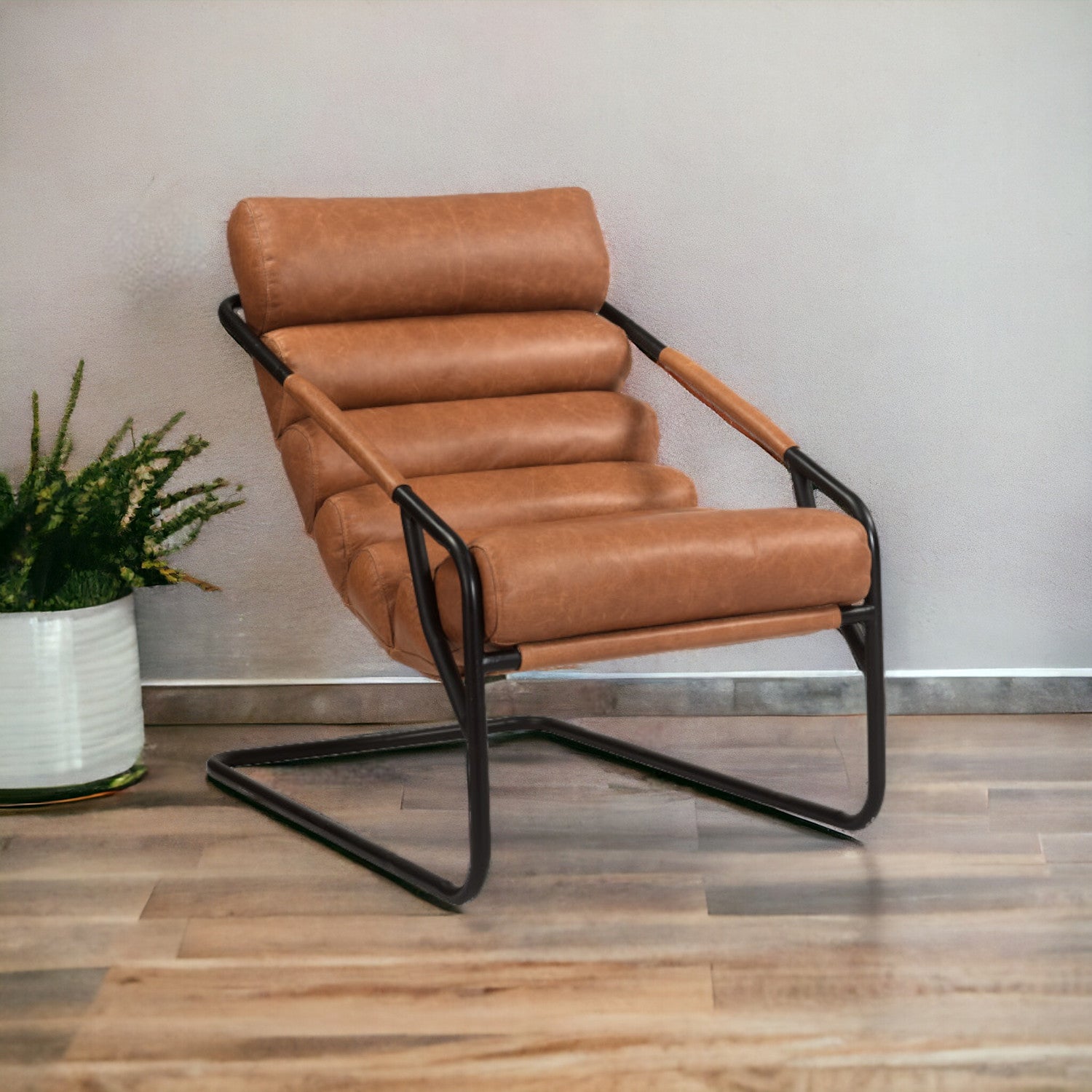 25" Brown And Black Tufted Top Grain Leather and Metal Lounge Chair-0