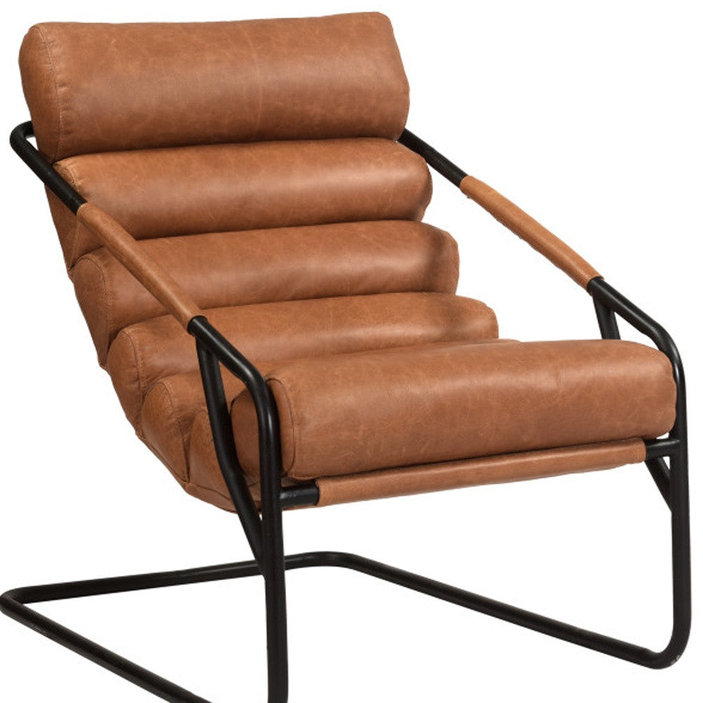 25" Brown And Black Tufted Top Grain Leather and Metal Lounge Chair-7