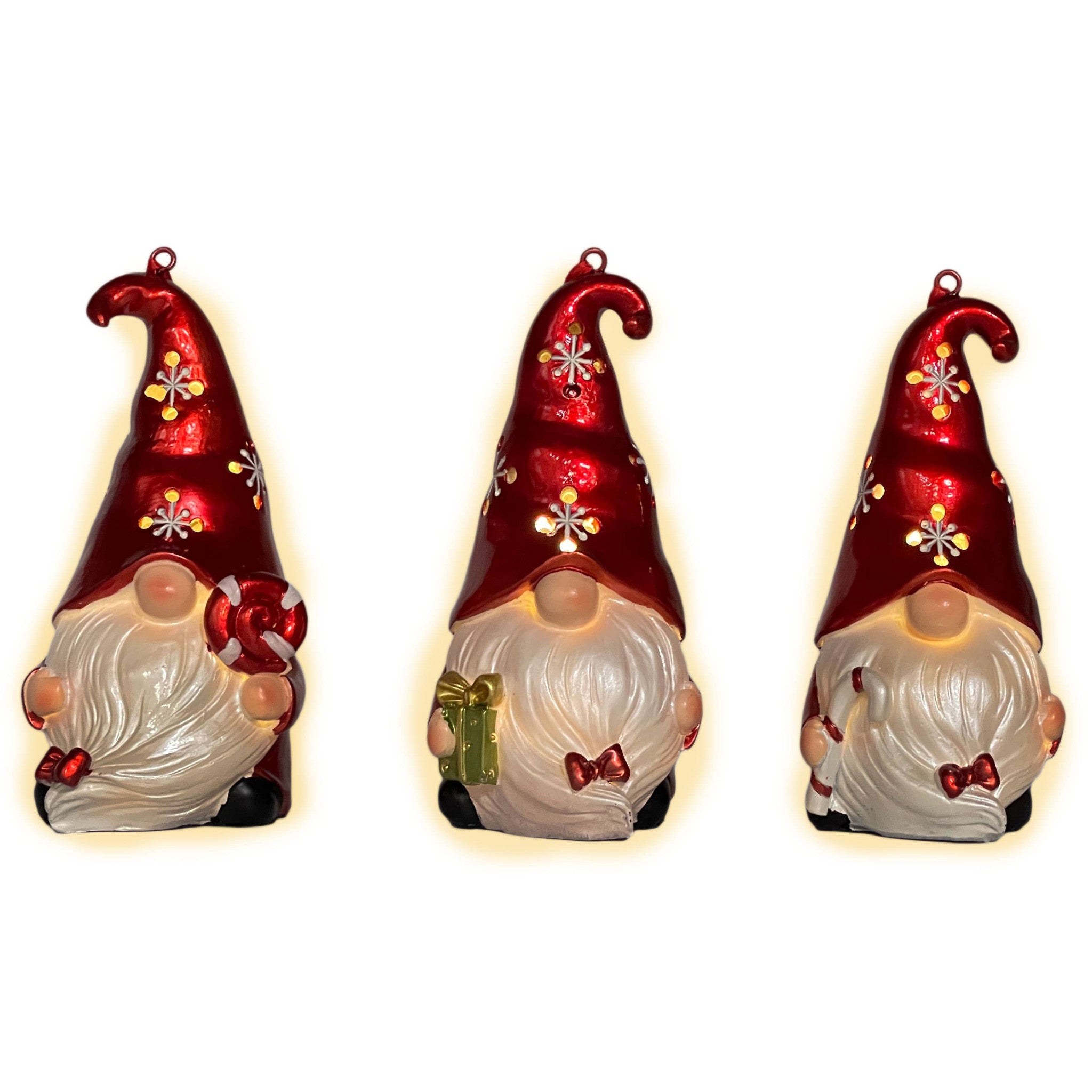 Set of Three Red and White Santa Gnome LED Light Up Christmas Ornaments-2