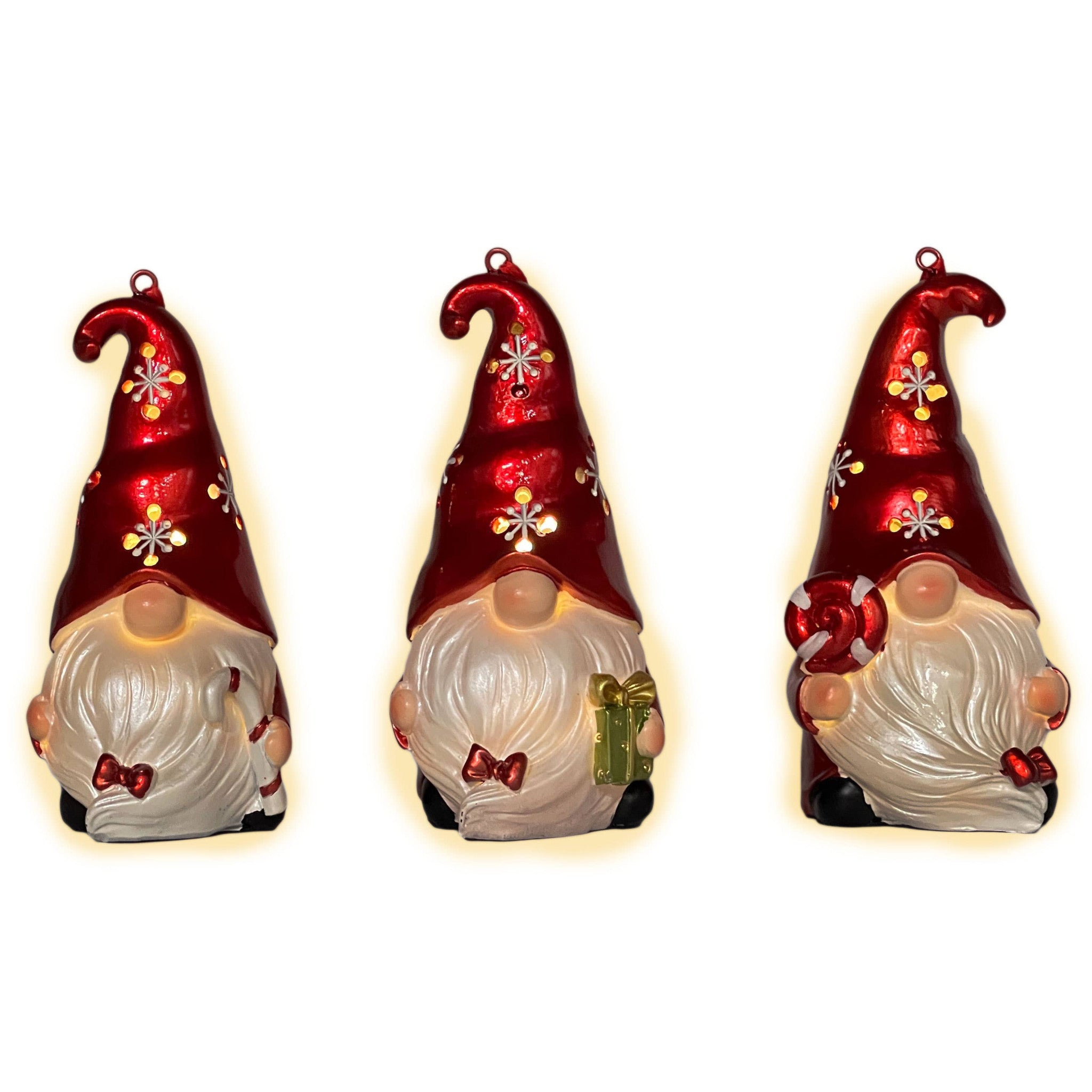 Set of Three Red and White Santa Gnome LED Light Up Christmas Ornaments-4