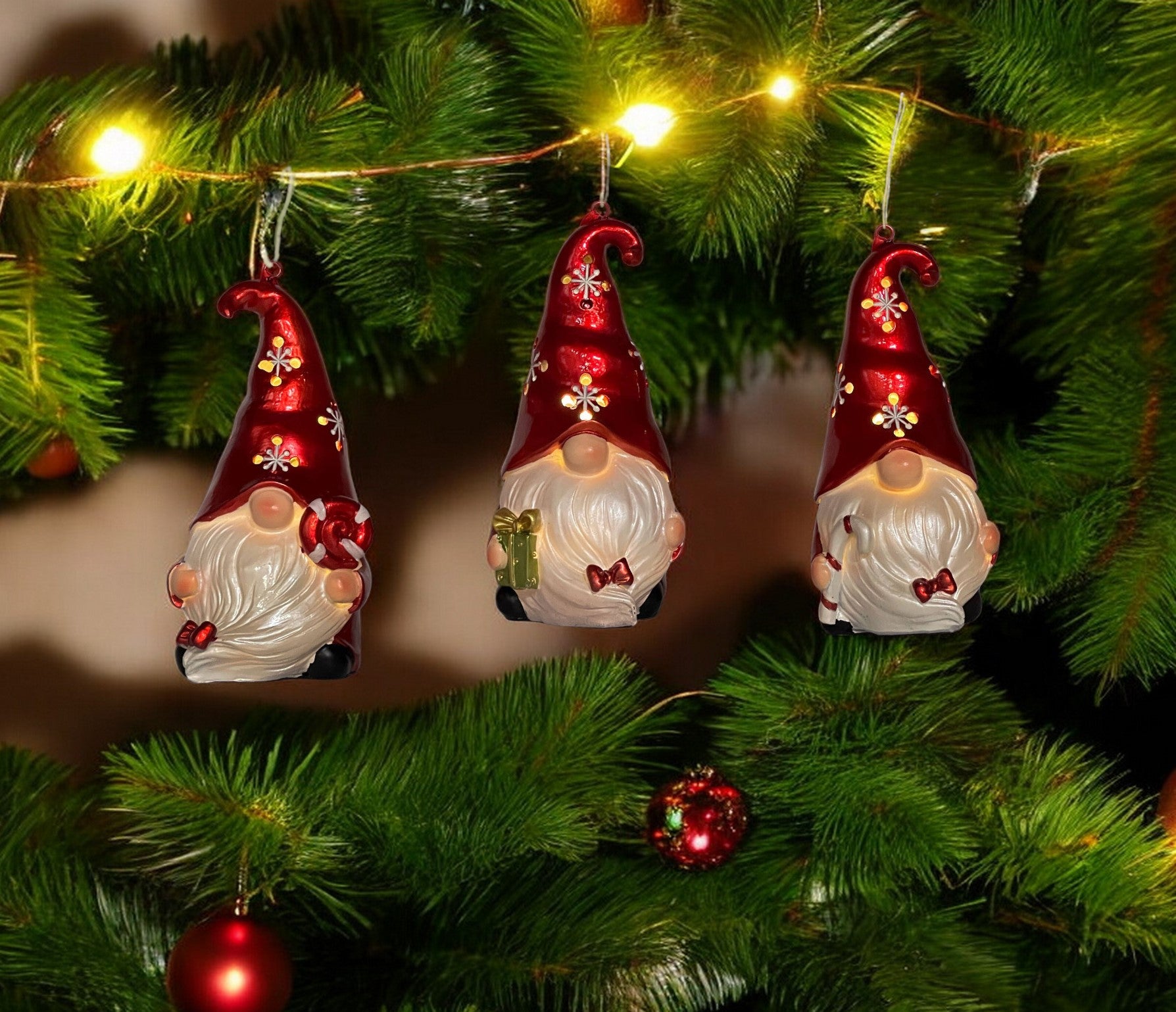 Set of Three Red and White Santa Gnome LED Light Up Christmas Ornaments-1