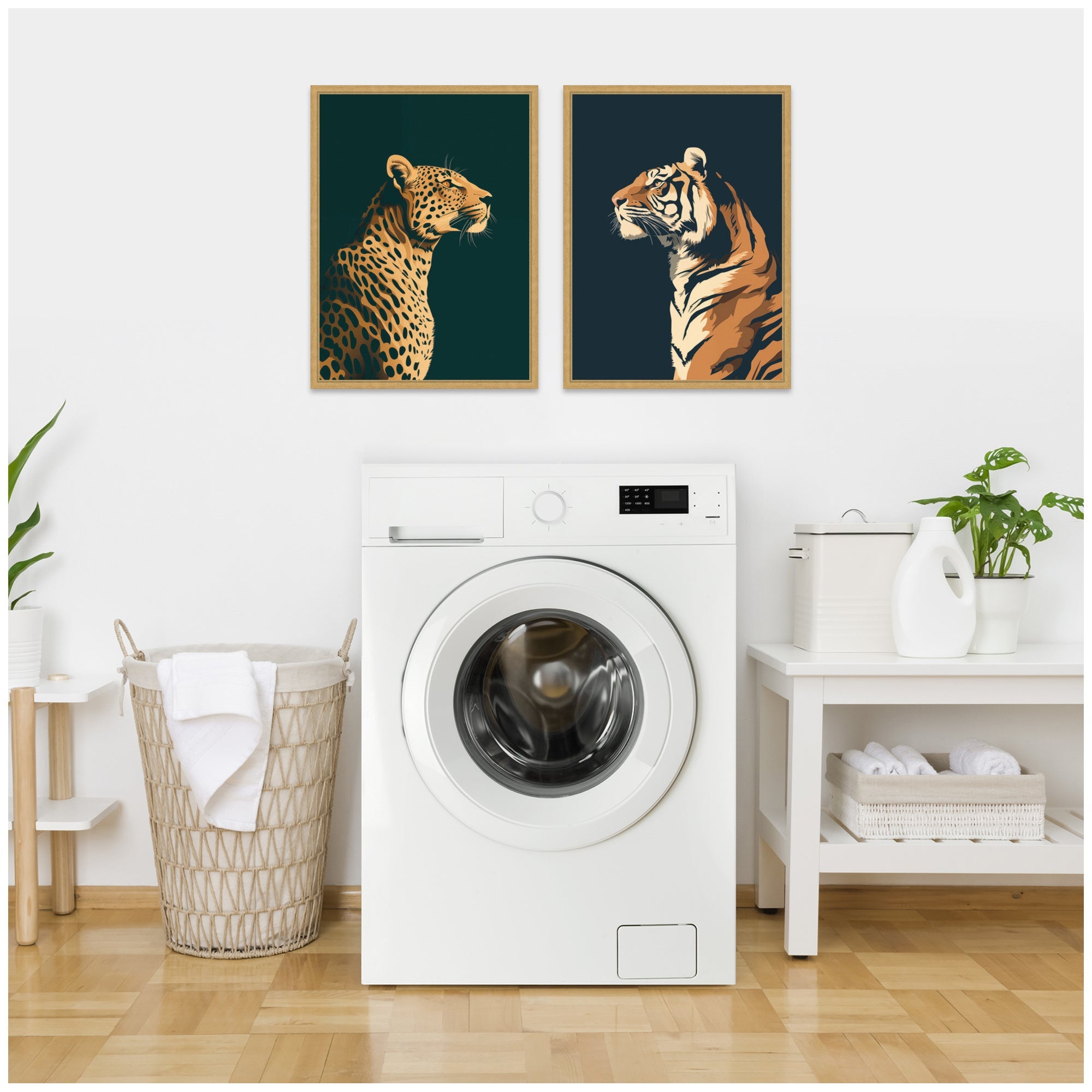 Gold Emerald Leopard Navy Tiger 2 Piece Framed Canvas Wall Art Set by The Creative Bunch Studio