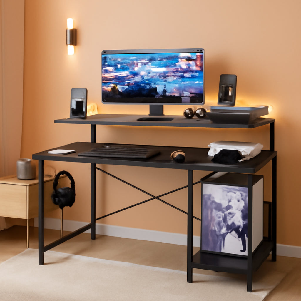 48 Inch LED Gaming Desk With Power Outlet And Shelves