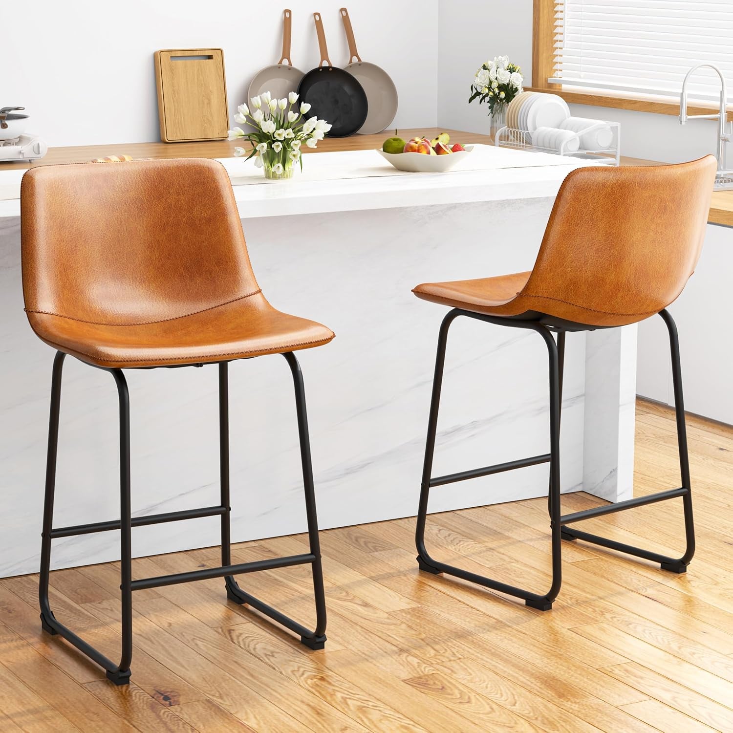 Bar Stools Set Of 4 26 Inch Brown PU Leather Counter Height