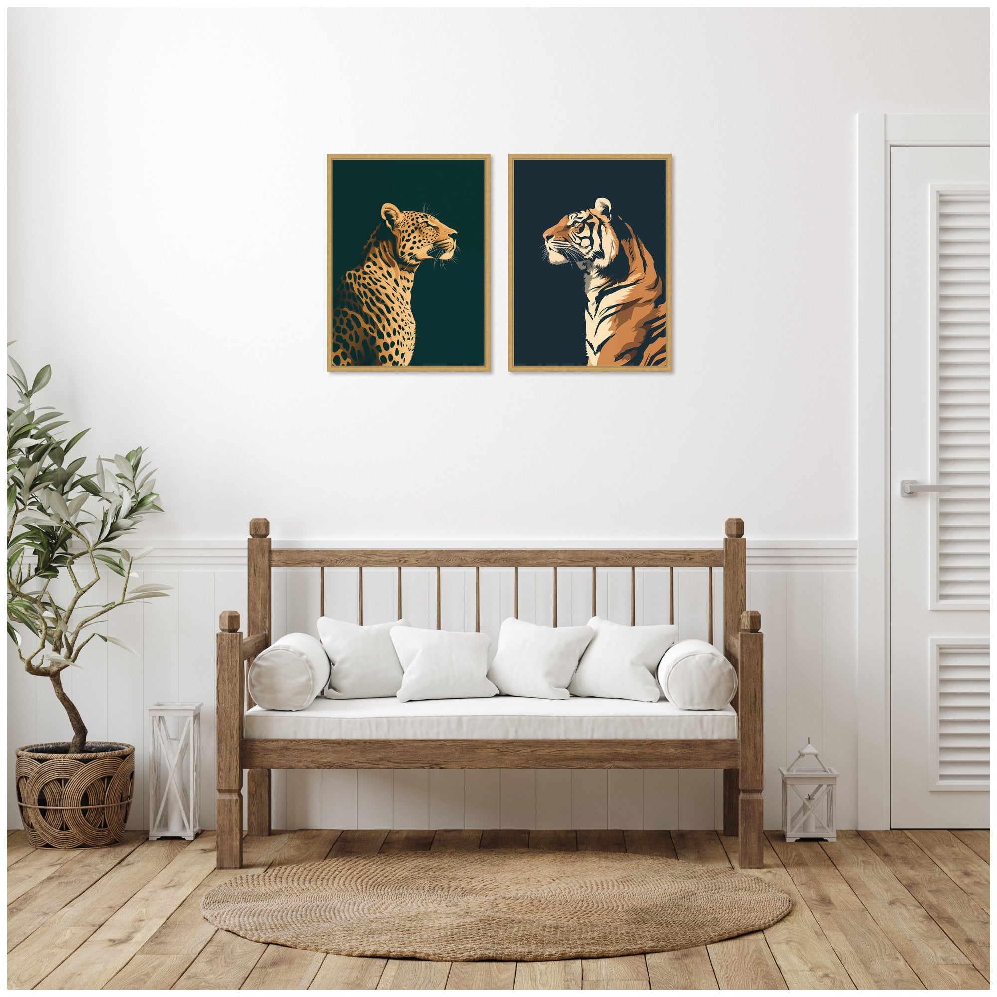 Gold Emerald Leopard Navy Tiger 2 Piece Framed Canvas Wall Art Set by The Creative Bunch Studio