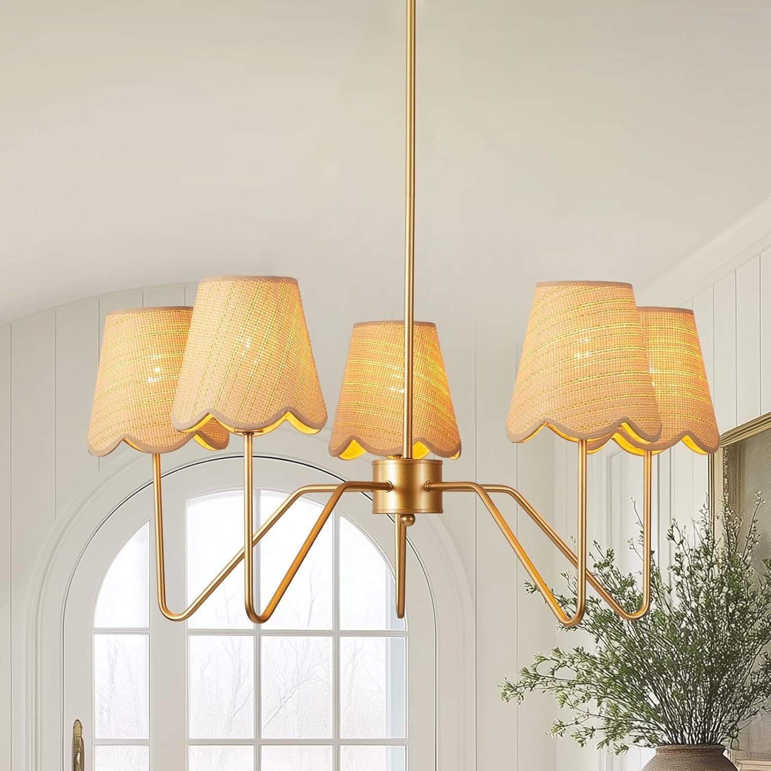 28 Inch Rattan Chandelier Antique Brass Five Light Pendant-0