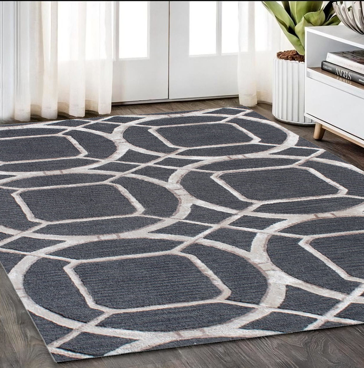 5' X 8' Charcoal Abstract Geometric Hand Tufted Non Skid Area Rug-0