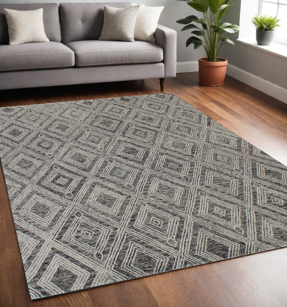 5' X 8' Black and Ivory Wool Abstract Geometric Hand Tufted Non Skid Area Rug-0