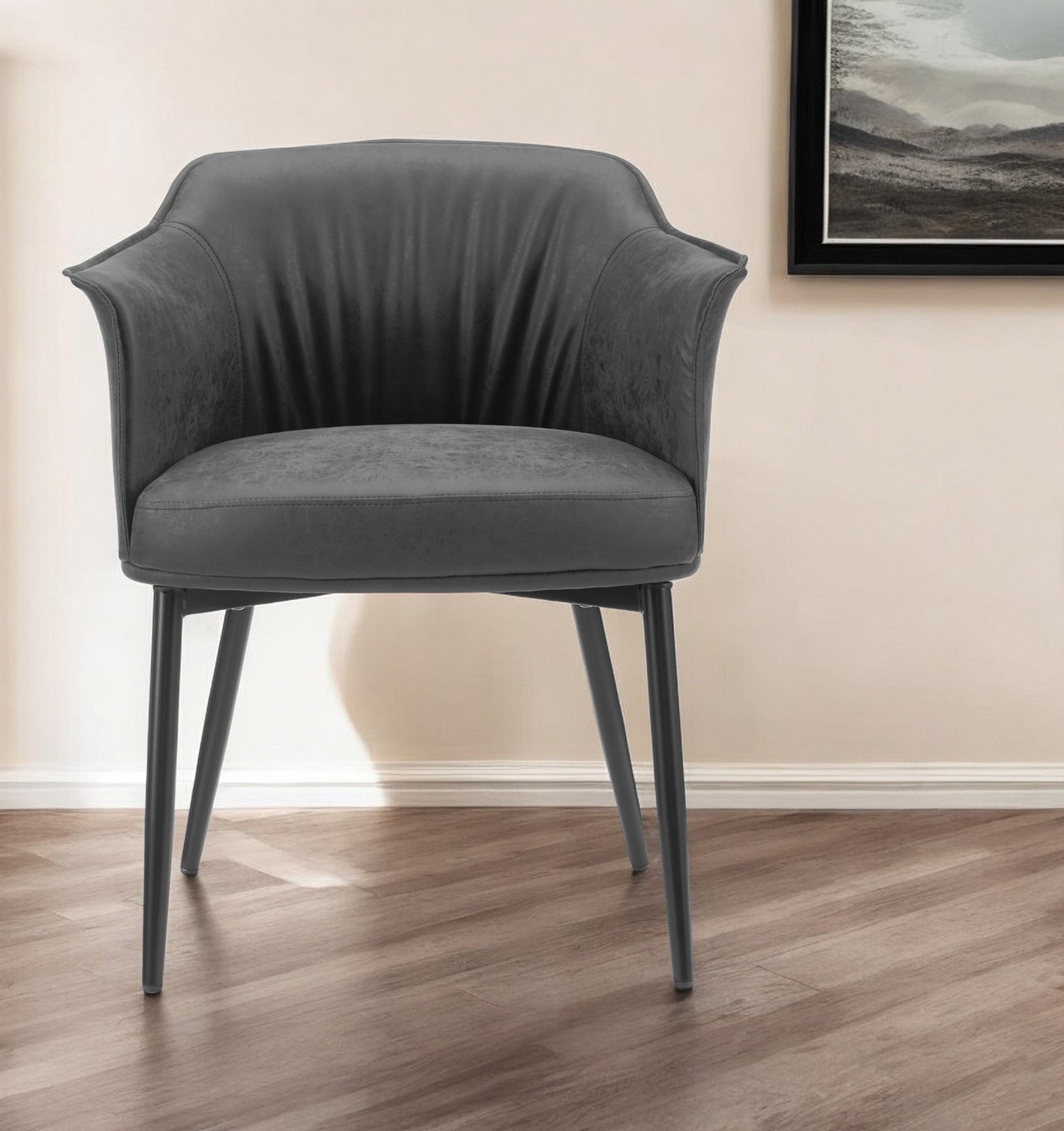 25" Charcoal And Black Faux Leather Distressed Arm Chair-0