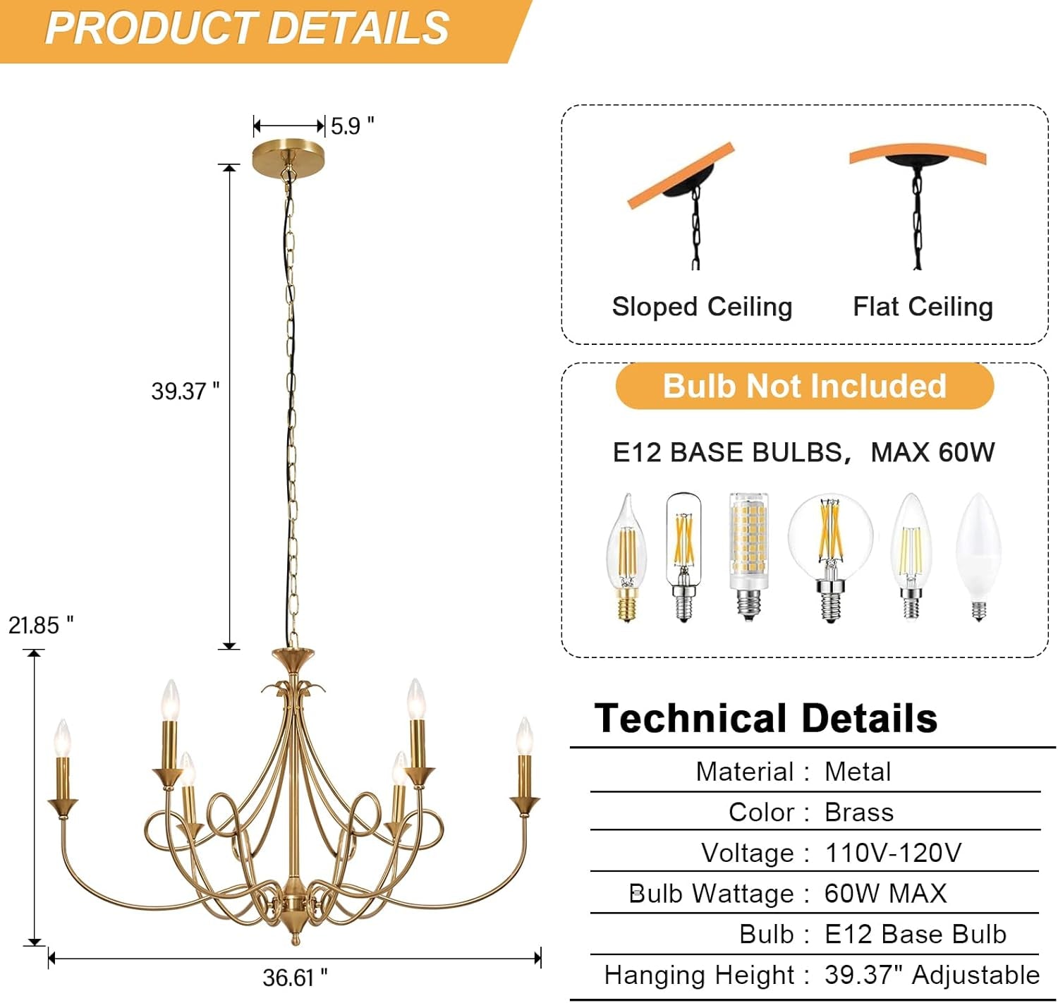 Six-Light 36.6-Inch Brass Candle Chandelier Dining Room-2